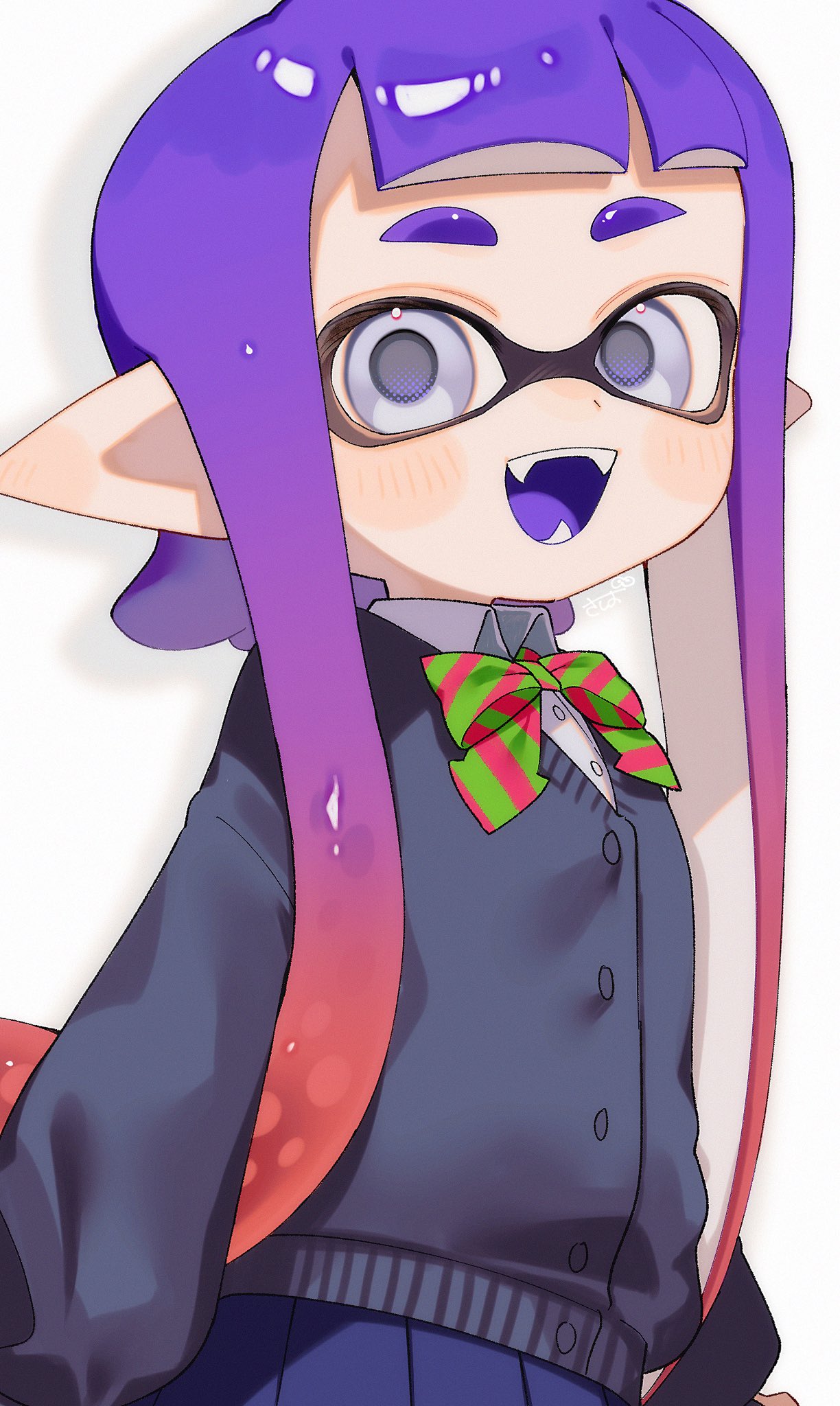 sabata saba, inkling girl, inkling player character, nintendo, splatoon (series), highres, 1girl, blue skirt, bow, bowtie, buttons, collared shirt, grey eyes, inkling, long hair, looking at viewer, multicolored hair, open mouth, pink hair, pleated skirt, pointy ears, purple hair, shirt, skirt, smile, solo, standing, striped bow, striped bowtie, striped clothes, sweater, teeth, tentacle hair, thick eyebrows, two-tone hair, white background, white shirt