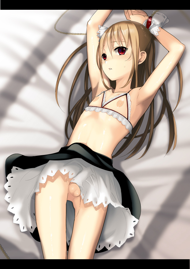 saikawa yusa, eien (abgrund), original, bad id, bad pixiv id, 1boy, androgynous, armpits, arms up, bra, brown hair, bulge, crossdressing, crossdressing (mtf), cupless bra, erection, erection under clothes, flat chest, long hair, lying, male focus, nipples, no panties, penis, red eyes, shota, skirt, solo, testicles, trap, underwear, wrist cuffs