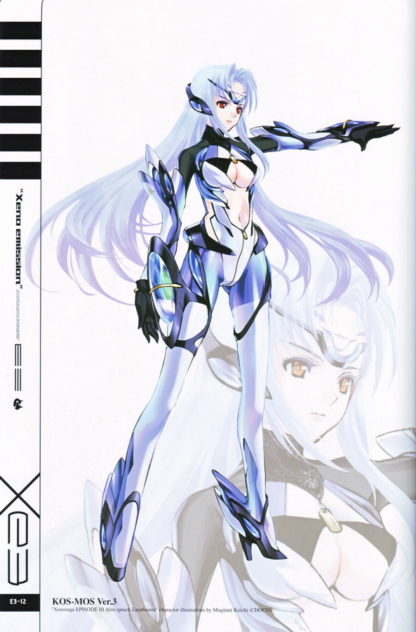 choco (chocolate shop), kos-mos, kos-mos ver. 3, namco, xenosaga, xenosaga episode iii, 00s, 1girl, android, blue hair, breasts, cleavage, female focus, red eyes, solo, zoom layer