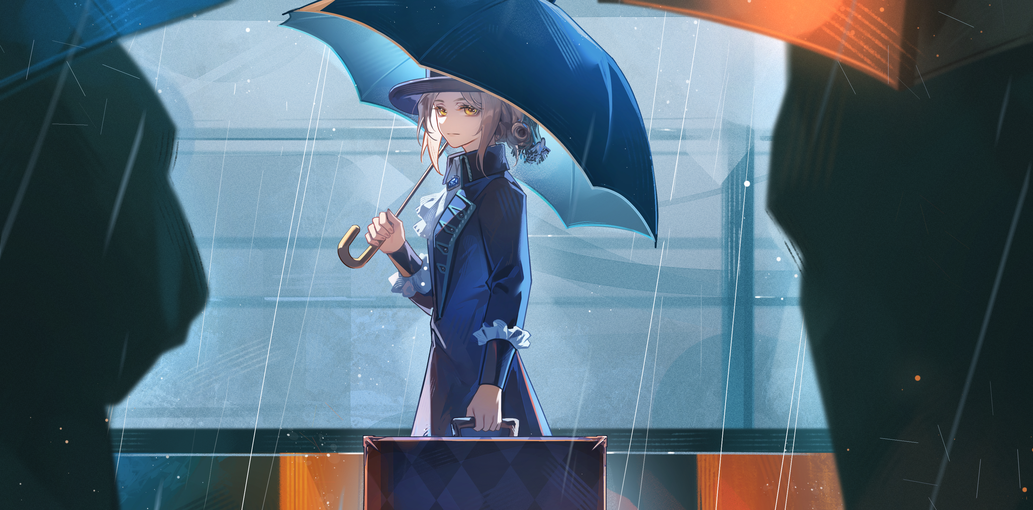 relws, vertin (reverse:1999), reverse:1999, absurdres, commentary request, highres, 1girl, ascot, black coat, black hat, black umbrella, boater hat, closed mouth, coat, grey hair, hair bun, hat, holding, holding suitcase, holding umbrella, looking at viewer, people, rain, single side bun, solo focus, suitcase, umbrella, white ascot, yellow eyes