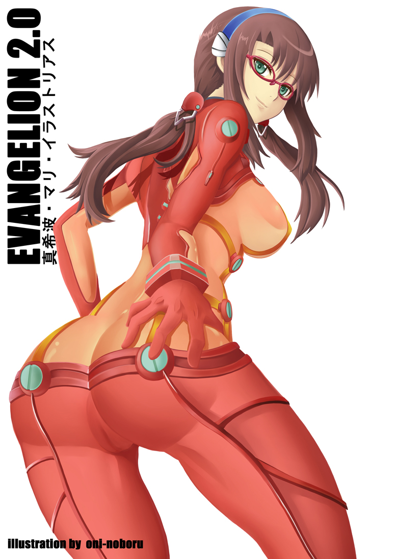 oni-noboru, makinami mari illustrious, neon genesis evangelion, rebuild of evangelion, bad id, bad pixiv id, 1girl, ass, bodysuit, brown hair, butt crack, cameltoe, character name, cosplay, cowboy shot, female focus, glasses, grabbing own ass, green eyes, looking back, mecha pilot suit, plugsuit (evangelion), simple background, solo, souryuu asuka langley (cosplay), test plugsuit (evangelion)