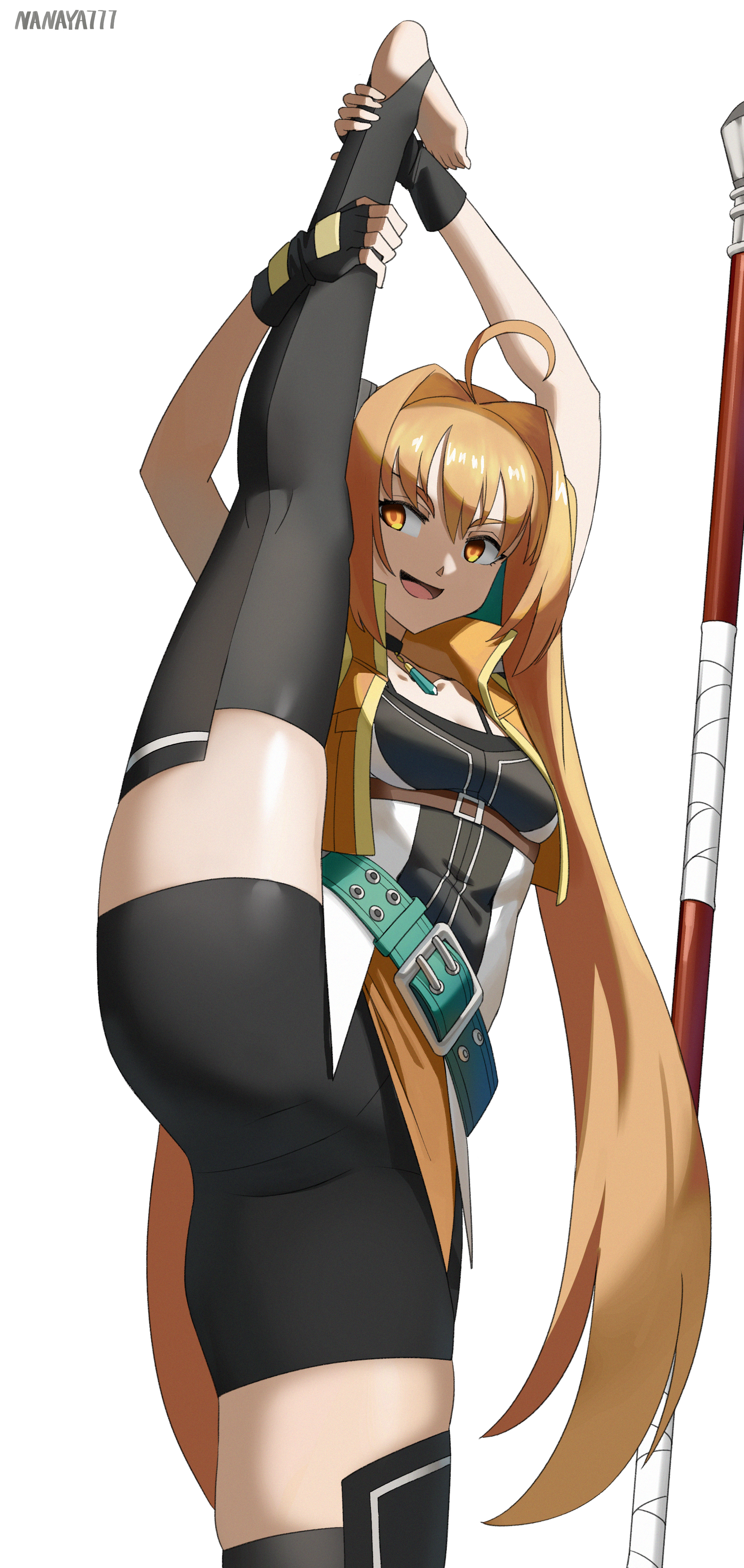 nanaya777, estelle bright, eiyuu densetsu, sen no kiseki, sen no kiseki (series), sen no kiseki iv, absurdres, commentary request, highres, 1girl, ahoge, artist name, belt, bike shorts, black shorts, black thighhighs, breasts, long hair, no shoes, open mouth, orange eyes, orange hair, shorts, simple background, skindentation, small breasts, smile, solo, split, staff, standing, standing on one leg, standing split, stirrup legwear, thighhighs, toeless legwear, twintails, very long hair, white background