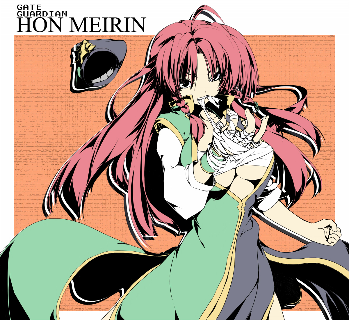 take shinobu, takesinobu, hong meiling, embodiment of scarlet devil, touhou, bad id, bad pixiv id, 1girl, arm wrap, bandages, braid, breasts, character name, china dress, chinese clothes, cleavage, dress, female focus, hat, large breasts, long hair, mouth hold, red hair, sarashi, simple background, solo, twin braids, unworn hat, unworn headwear