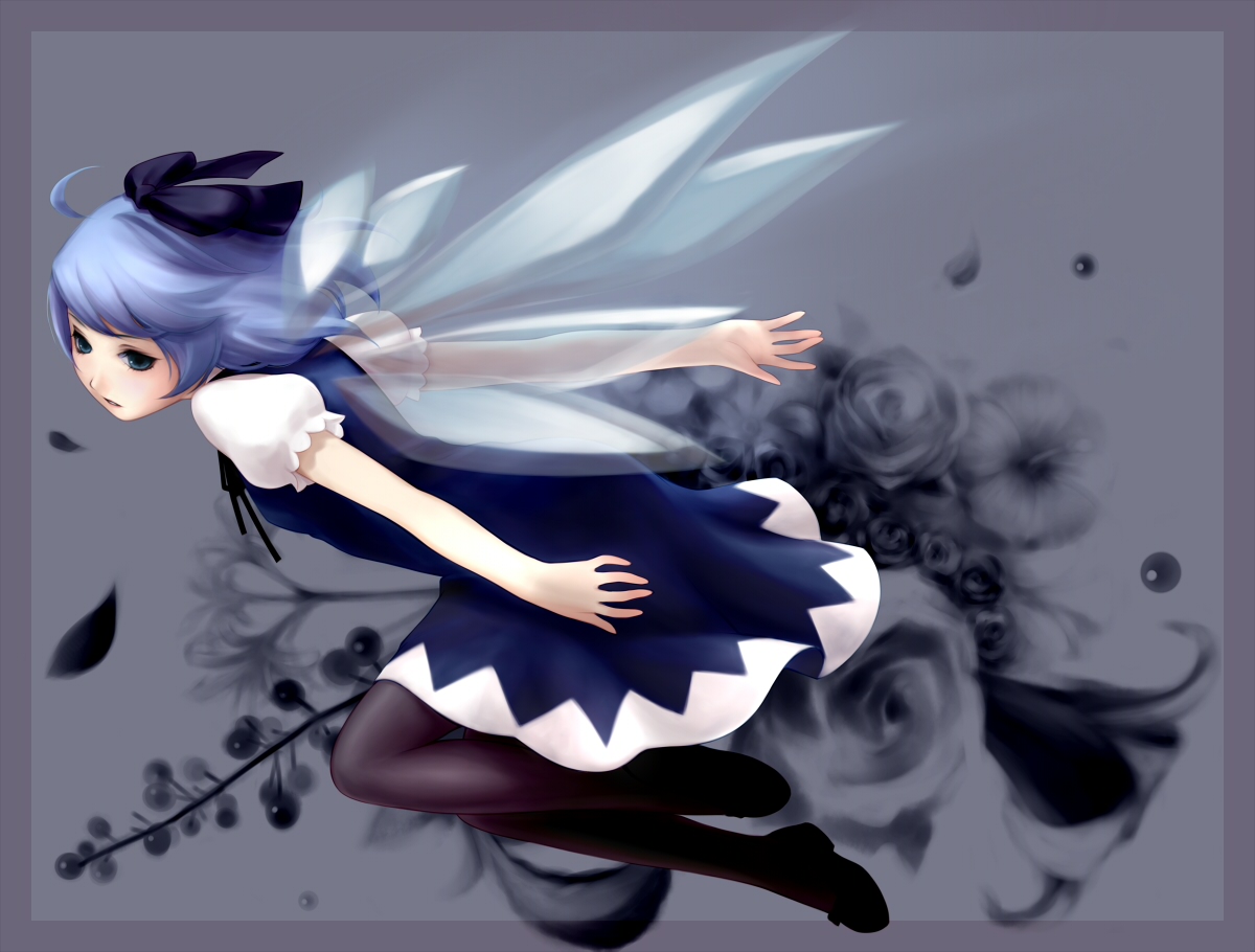 yori, yori (shitsuon), cirno, embodiment of scarlet devil, touhou, 1girl, black pantyhose, blouse, blue eyes, blue hair, bow, dress, female focus, from side, grey background, hair bow, matching hair/eyes, pantyhose, pinafore dress, shirt, short hair, sleeveless, sleeveless dress, solo, white shirt, wings