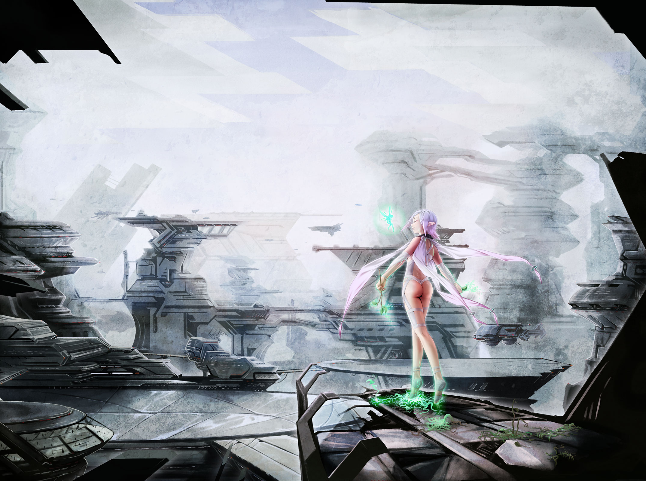 un (le monde-alternatif), original, highres, branch, city, closed eyes, detached sleeves, fairy, pointy ears, purple hair, scenery, science fiction, solo