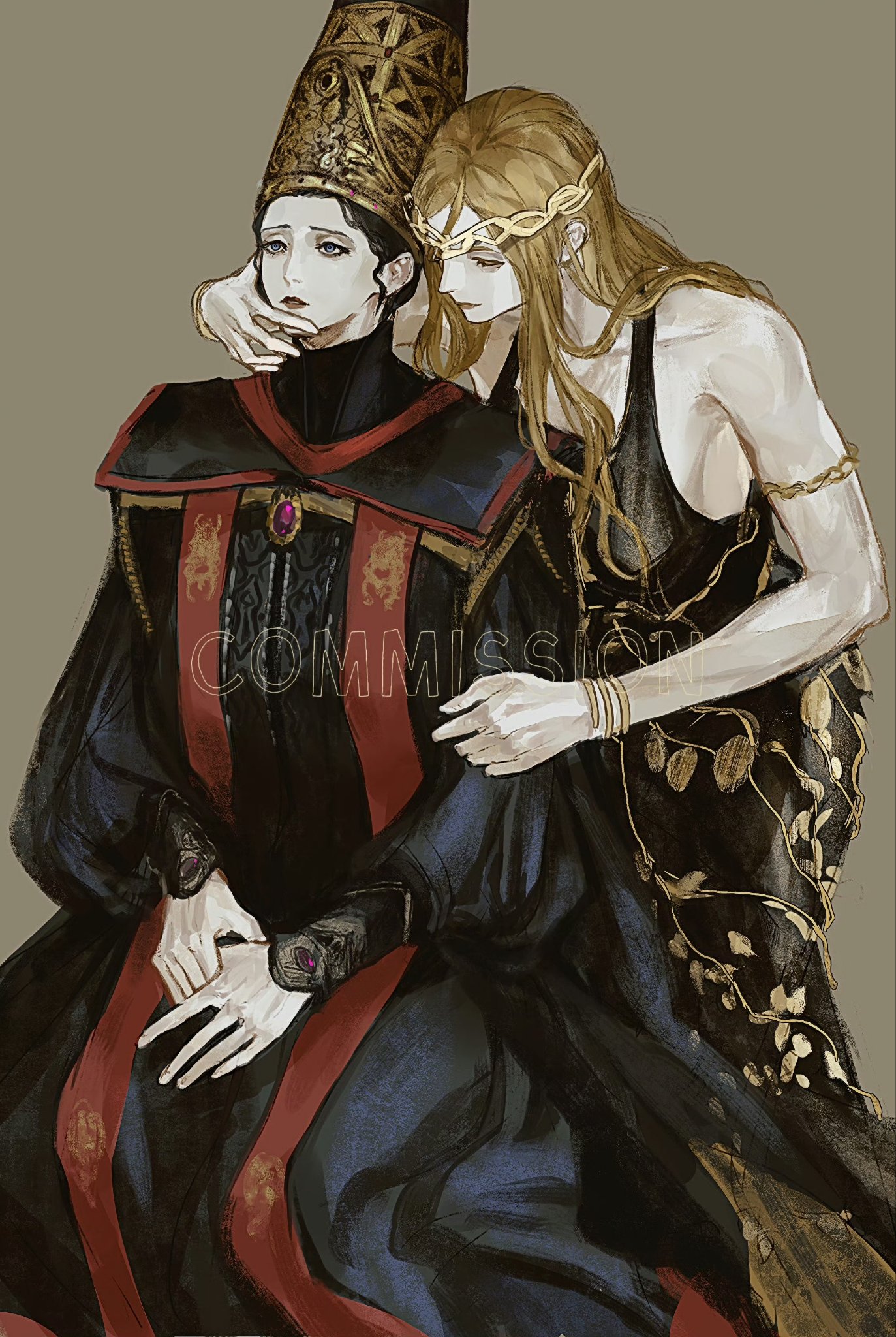 tokaoioi1, queen marika the eternal, rennala queen of the full moon, elden ring, commission, highres, 2girls, black robe, blonde hair, blue eyes, bracelet, circlet, grey background, hat, jewelry, long hair, multiple bracelets, multiple girls, red lips, robe, sitting, standing, stole, watermark, wavy hair, wizard hat