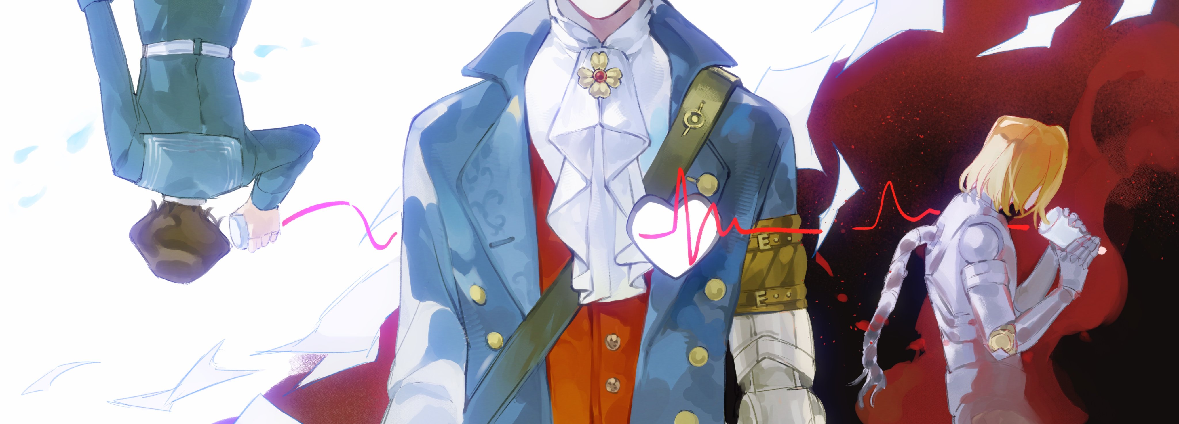 pinocchio (lies of p), romeo (lies of p), romeo king of puppets, lies of p, absurdres, commentary, english commentary, highres, 3boys, ascot, blonde hair, blue coat, brown hair, buttons, carlo (lies of p), coat, head out of frame, kuishang666, mechanical arms, multiple boys, open clothes, open coat, prosthesis, prosthetic arm, single mechanical arm, upside-down, white ascot, white background