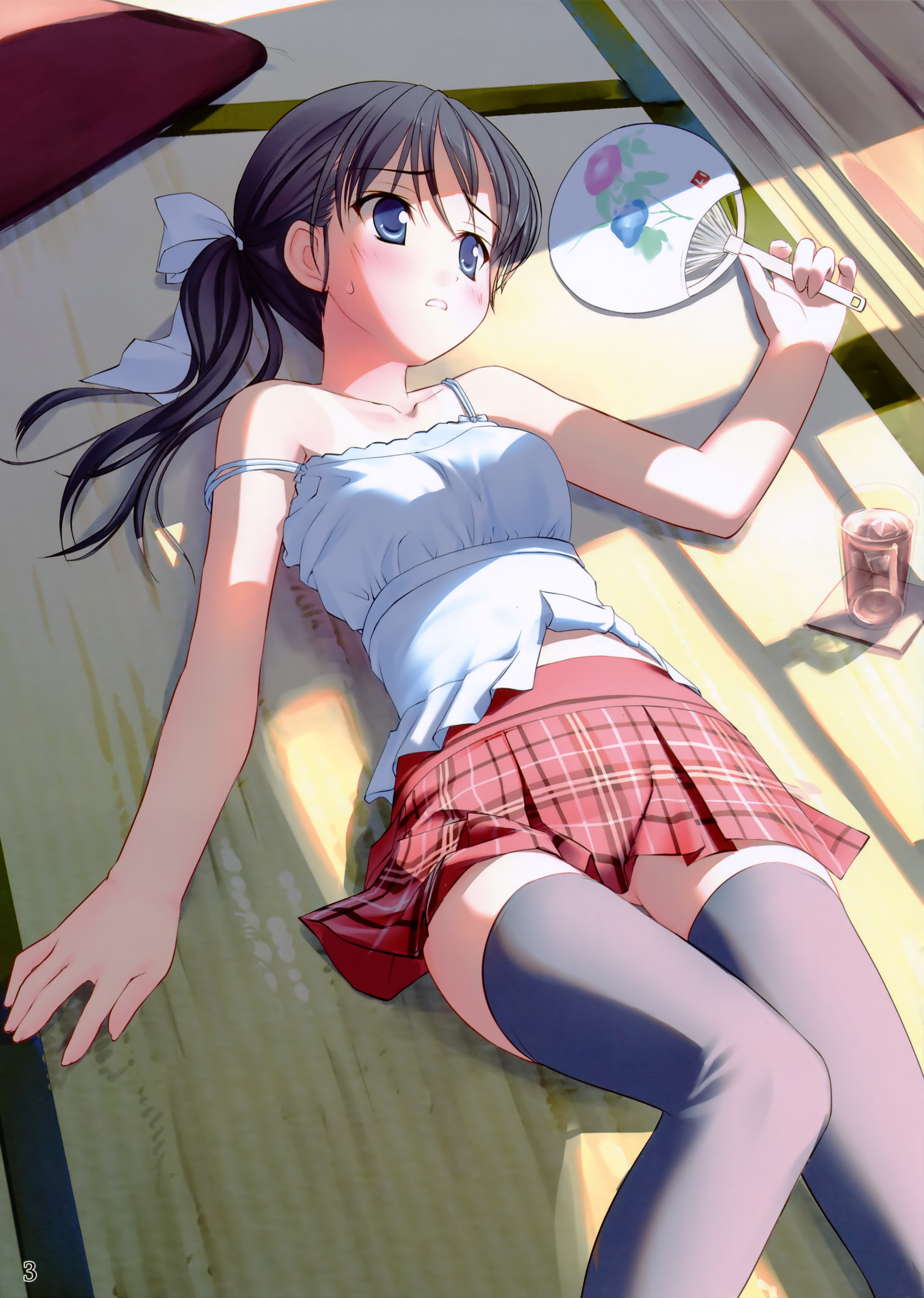 takoyaki (roast), original, looking away, absurdres, highres, scan, 1girl, bare arms, bare shoulders, black hair, blue eyes, blush, caustics, collarbone, female focus, glass, hair ribbon, hand fan, hot, indoors, long hair, lying, on back, plaid clothes, plaid skirt, pleated skirt, red skirt, ribbon, shadow, shirt tan, side ponytail, skirt, sleeveless, solo, strap slip, sweat, tan, tanline, tatami, thighhighs, zettai ryouiki