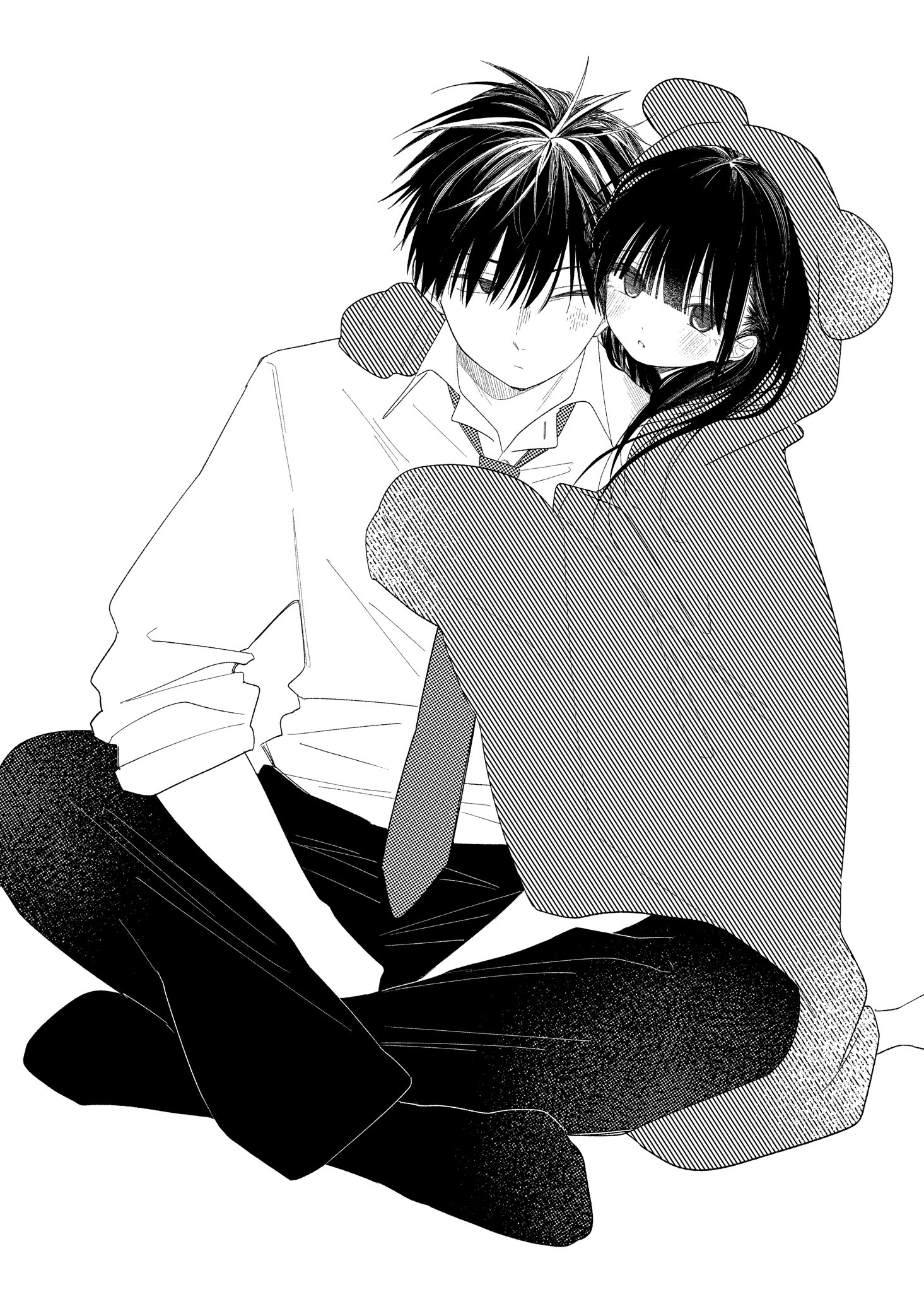wanoumi, original, highres, 1boy, 1girl, age difference, blush, collared shirt, greyscale, hug, indian style, long hair, long sleeves, looking at another, monochrome, necktie, one eye closed, onesie, pants, parted lips, shirt, short hair, simple background, sitting