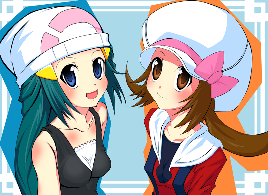 muraon (pixiv), dawn (pokemon), lyra (pokemon), nintendo, pokemon, pokemon dppt, pokemon hgss, bad id, bad pixiv id, 00s, 2girls, beanie, blue eyes, blue hair, brown eyes, brown hair, hat, hat ribbon, multiple girls, newsboy cap, pink ribbon, ribbon, twintails