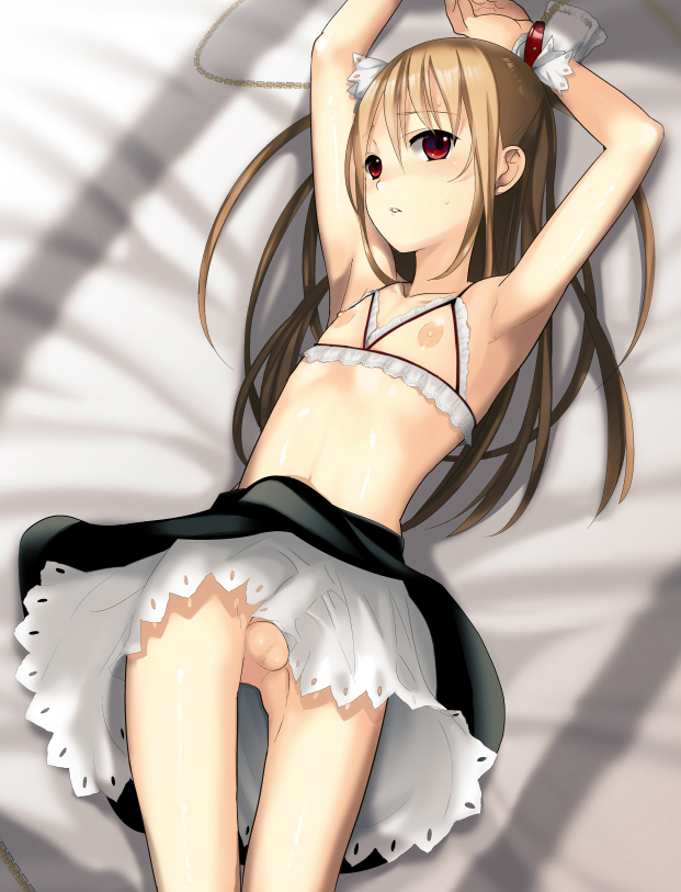 saikawa yusa, eien (abgrund), original, bad id, bad pixiv id, 1boy, androgynous, armpits, blonde hair, bracelet, breastless clothes, crossdressing, crossdressing (mtf), flat chest, jewelry, long hair, male focus, nipples, no panties, red eyes, see-through clothes, shota, skirt, solo, testicles, trap