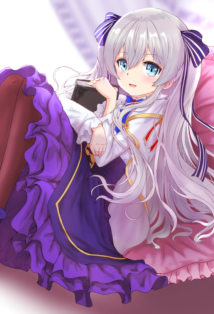 pasopy, celia claire, seirei gensouki, commentary request, highres, 1girl, :d, blue dress, blue eyes, book, brown pantyhose, cape, capelet, dress, frilled dress, frilled sleeves, frills, grey hair, hair ribbon, holding, holding book, hugging book, hugging object, layered dress, long hair, long sidelocks, long sleeves, looking at viewer, open mouth, pantyhose, ribbon, sidelocks, smile, solo, two side up, very long hair, very long sidelocks, white cape, white capelet