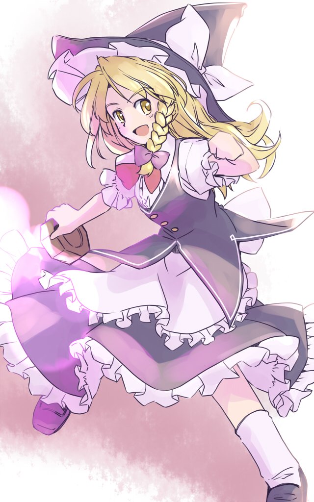 rangycrow, kirisame marisa, touhou, commentary request, 1girl, :d, apron, black hat, black shoes, black skirt, black vest, blonde hair, blush, bow, bowtie, braid, brown background, buttons, clenched hand, collared shirt, foot out of frame, frilled apron, frills, hair bow, hand up, hat, hat bow, holding, holding weapon, long hair, mini-hakkero, one-hour drawing challenge, open mouth, petticoat, puffy short sleeves, puffy sleeves, purple bow, red bow, red bowtie, shirt, shoes, short sleeves, single braid, skirt, smile, socks, solo, vest, weapon, white apron, white bow, white shirt, white socks, witch hat, yellow eyes