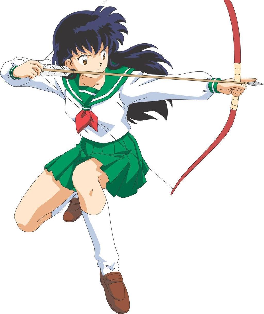 higurashi kagome, inuyasha, white legwear, highres, 1girl, aiming, arrow (projectile), black hair, bow (weapon), brown eyes, legs, loafers, long hair, marksman, miniskirt, pleated skirt, school uniform, shoes, simple background, skirt, socks, weapon
