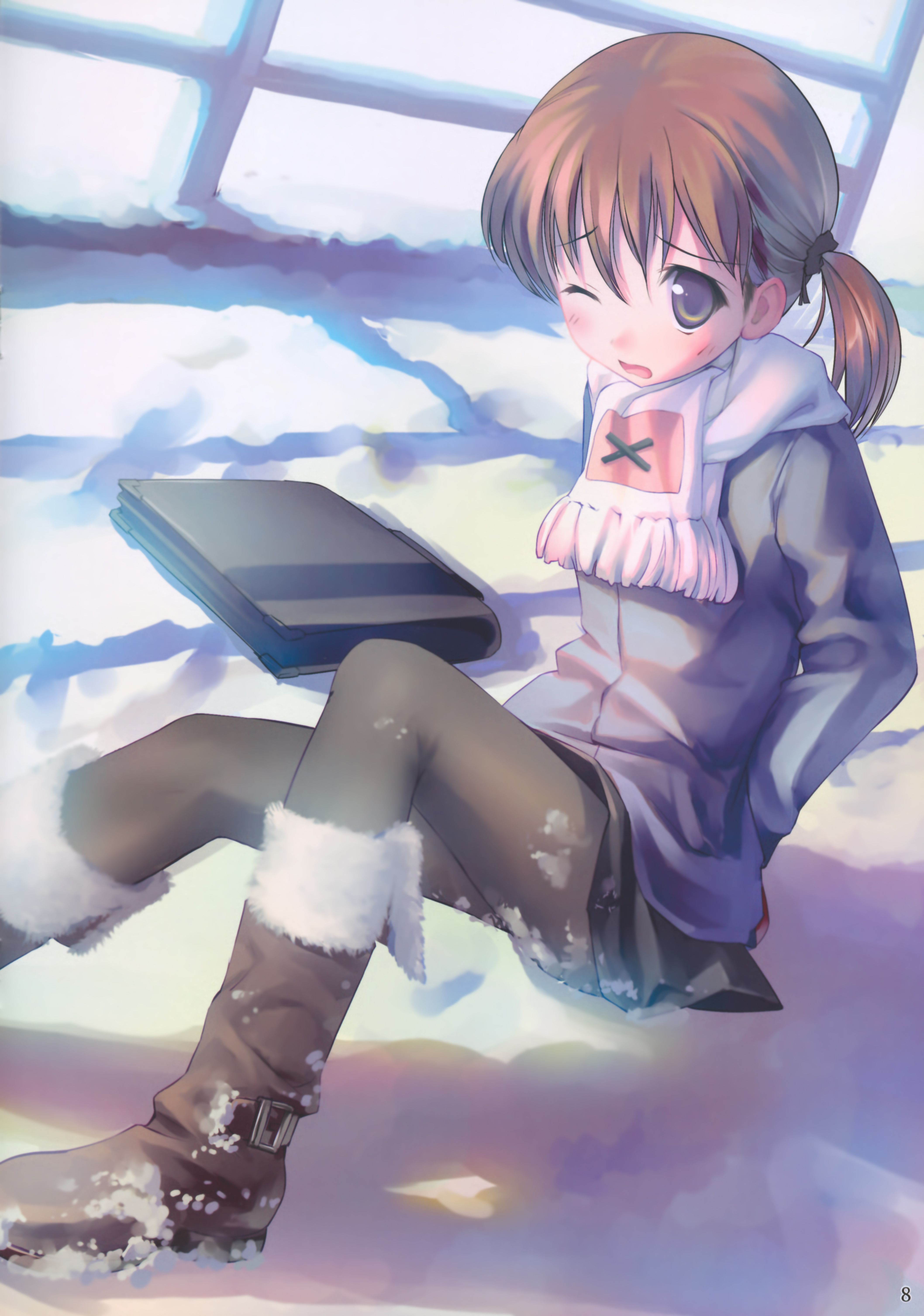 takoyaki (roast), original, absurdres, highres, 1girl, blue eyes, blush, boots, coat, female focus, hair ribbon, open mouth, outdoors, pantyhose, ribbon, scarf, short hair, short twintails, sitting, skirt, snow, solo, twintails, wink, winter
