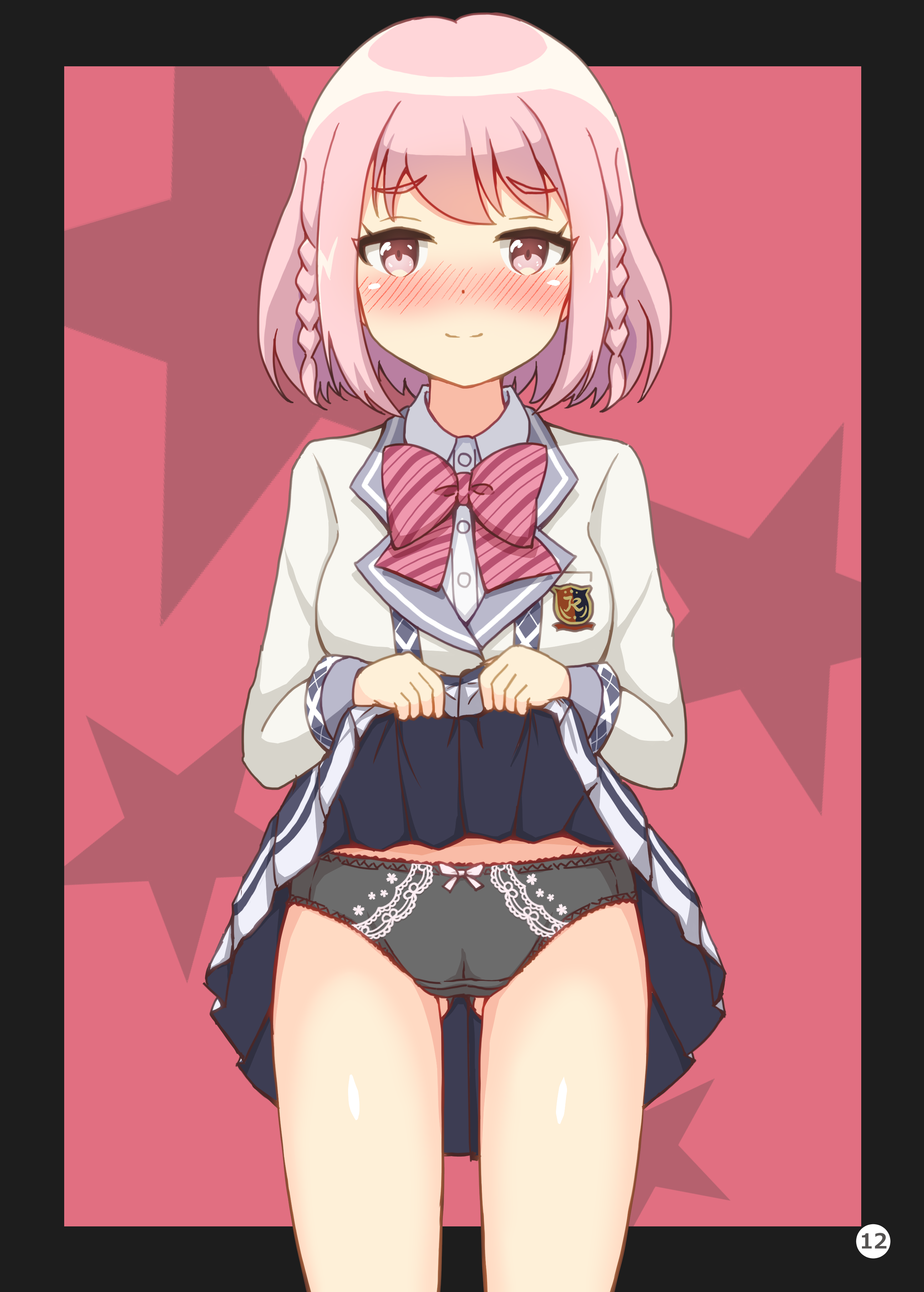 comiket 107, ongeki, absurdres, commentary request, highres, 1girl, black panties, black skirt, blush, bow, bow panties, bowtie, braid, breasts, cameltoe, closed mouth, clothes lift, collared jacket, collared shirt, cowboy shot, dress, dress lift, embarrassed, eyebrows hidden by hair, feet out of frame, gluteal fold, hair between eyes, jacket, kemogami 526, lace, lace panties, lace trim, lifting own clothes, long sleeves, looking at viewer, miniskirt, nose blush, page number, panties, pink eyes, pink hair, pleated skirt, red background, red bow, red bowtie, school uniform, shirt, shirt lift, short hair, shy, sidelocks, simple background, skirt, skirt lift, smile, solo, standing, star (symbol), thigh gap, thighs, underwear, white shirt