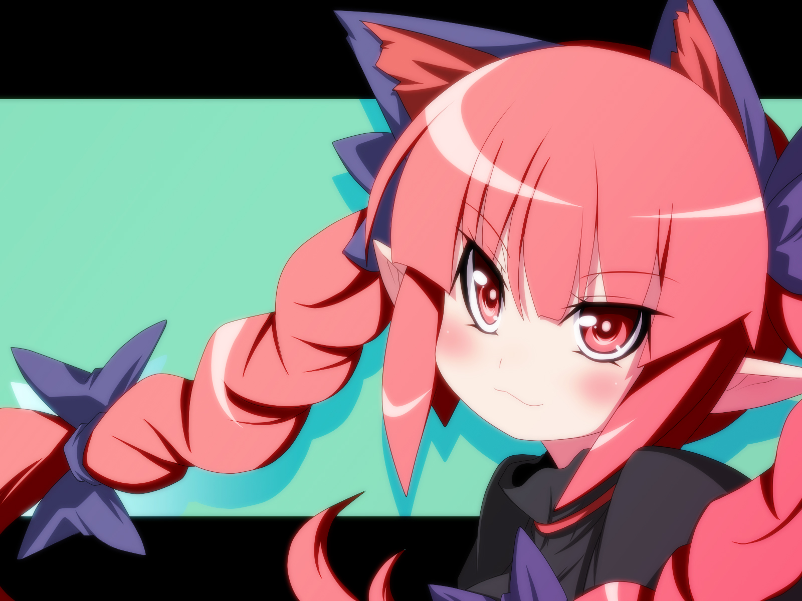 oborotsuki kakeru, kaenbyou rin, touhou, highres, >:3, 1girl, :3, animal ears, braid, cat ears, cat girl, female focus, long hair, red eyes, red hair, solo, twin braids, twintails, v-shaped eyebrows