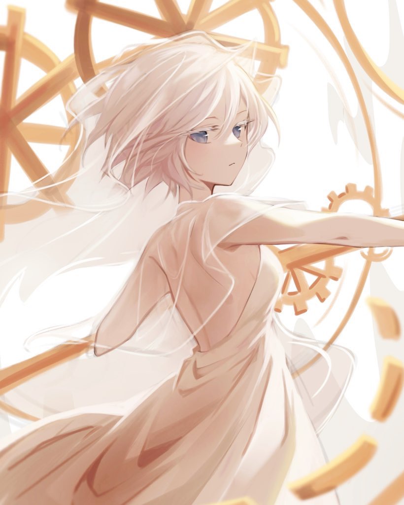 faust (project moon), limbus company, project moon, commentary request, korean commentary, 1girl, backless dress, backless outfit, blue eyes, bridal veil, dress, e.g.o (project moon), everlasting (e.g.o), gears, hiheoy, looking at viewer, looking back, short hair, solo, standing, veil, wedding dress, white dress, white hair