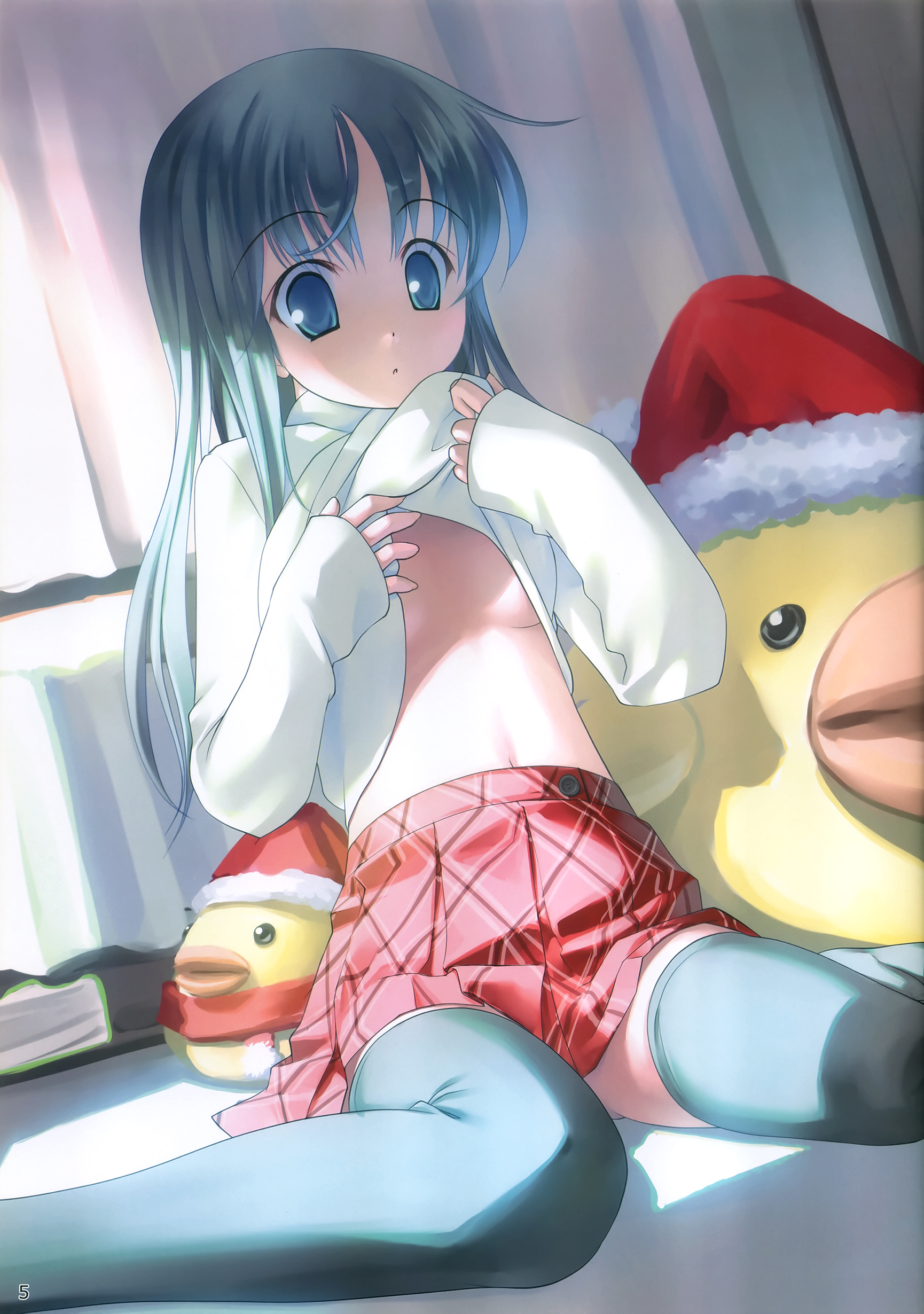 takoyaki (roast), original, absurdres, highres, 1girl, black hair, blue eyes, clothes lift, female focus, loli, long hair, long sleeves, midriff, no bra, shirt lift, sitting, skirt, sleeves past wrists, solo, stuffed animal, stuffed toy, thighhighs, undressing, wariza, zettai ryouiki