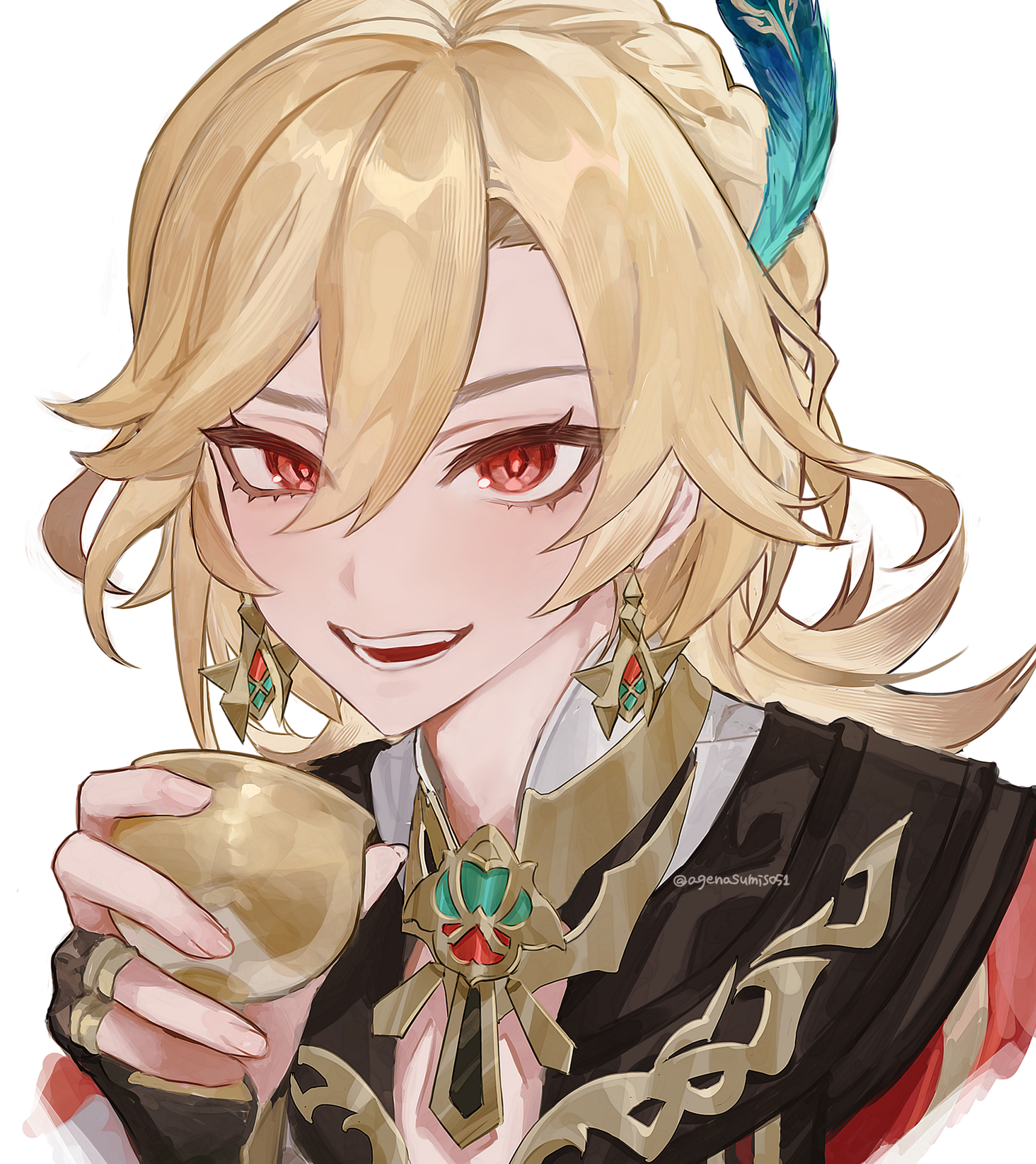 agenasumiso51, kaveh (genshin impact), genshin impact, commentary, highres, 1boy, blonde hair, chalice, cup, earrings, feather hair ornament, feathers, hair between eyes, hair ornament, holding, holding cup, jewelry, long hair, looking at viewer, male focus, open mouth, red eyes, simple background, solo, twitter username, upper body, white background