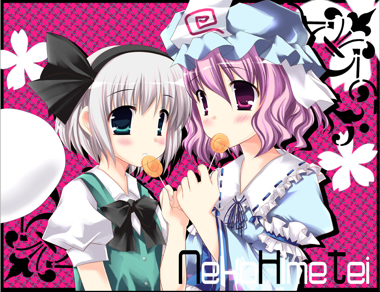 nasu hanahana, konpaku youmu, konpaku youmu (ghost), saigyouji yuyuko, touhou, silver hair, bad id, bad pixiv id, 2girls, candy, female focus, food, green eyes, hairband, hat, hitodama, lollipop, multiple girls, pink hair, red eyes, short hair