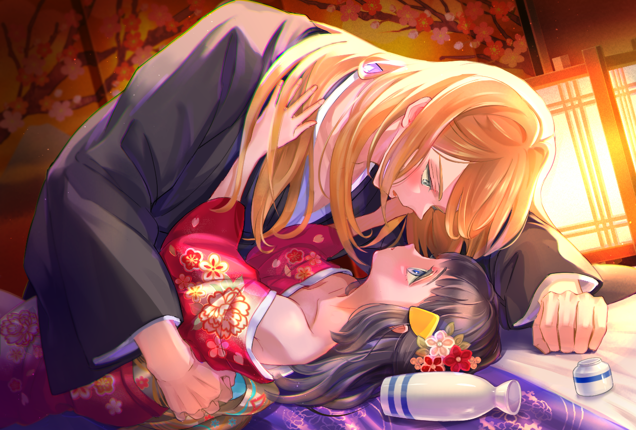 mitama (mokochiko), akari (pokemon), volo (pokemon), nintendo, pokemon, pokemon legends: arceus, commentary request, 1boy, 1girl, alcohol, bare shoulders, black hair, black kimono, blonde hair, blue eyes, blush, bottle, collarbone, drunk, eye contact, fingernails, floral print, floral print kimono, hand on another's back, hetero, japanese clothes, kimono, long hair, looking at another, open mouth, pink kimono, print kimono, sake, sake bottle, size difference