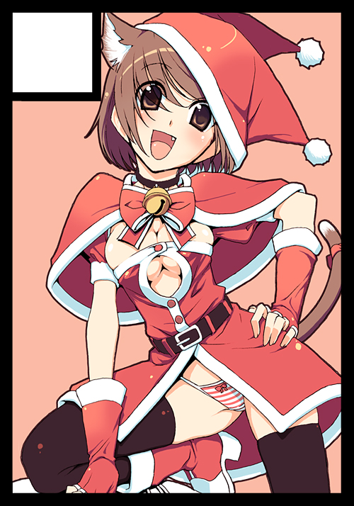 takei ooki, original, bad id, bad pixiv id, 1girl, animal ears, bell, black border, border, bow, bow panties, breasts, brown eyes, brown hair, cape, capelet, cat ears, cat tail, christmas, circle cut, cleavage, cleavage cutout, clothing cutout, fang, female focus, jingle bell, medium breasts, panties, santa costume, solo, striped clothes, striped panties, tail, underwear
