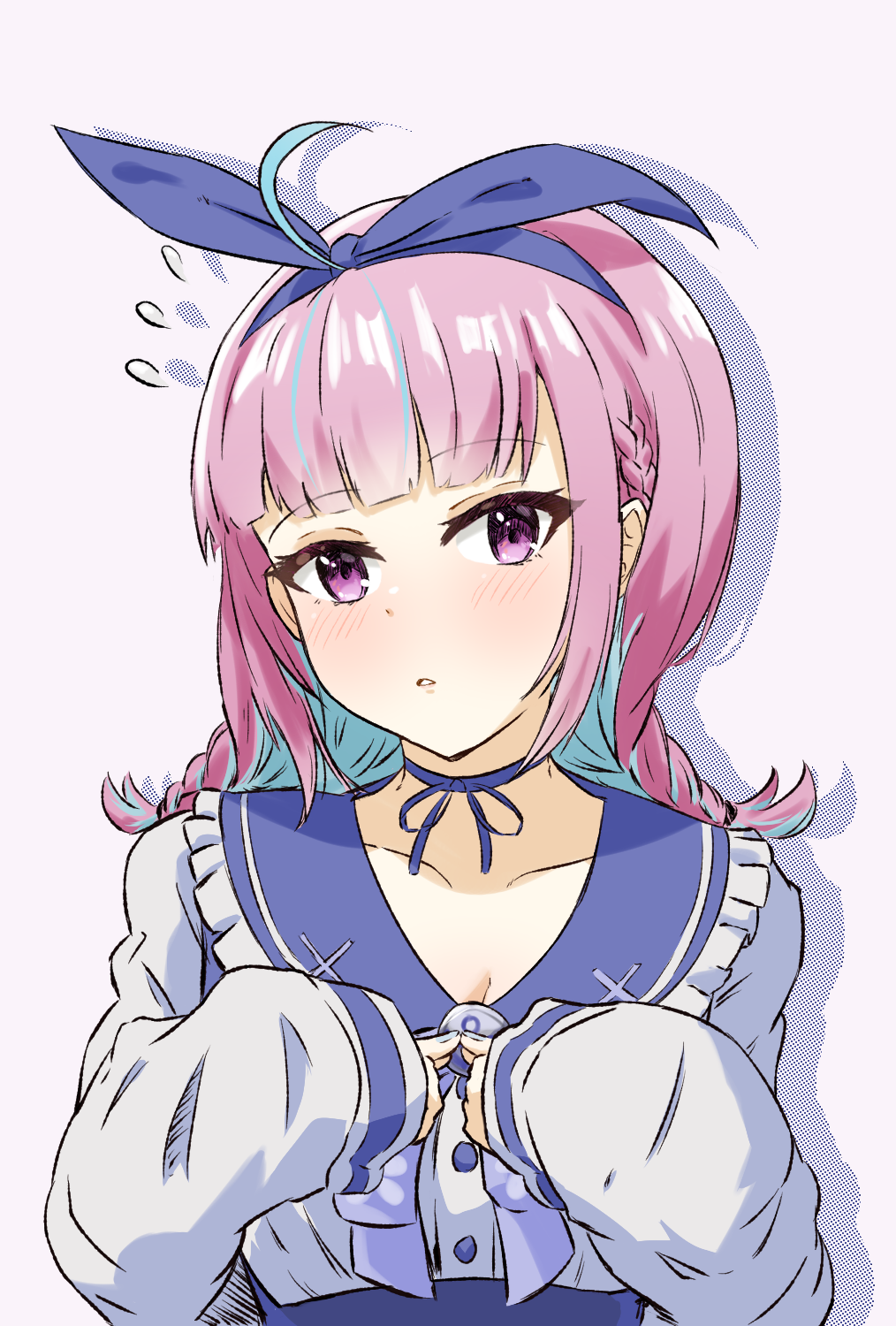 penguin stamp, minato aqua, minato aqua (sailor), hololive, commentary, english commentary, highres, 1girl, ahoge, anchor hair ornament, anchor symbol, blue choker, blue sailor collar, bow, braid, choker, colored inner hair, frilled sailor collar, frills, hair ornament, hair ribbon, hairband, jacket, long sleeves, looking at viewer, multicolored hair, official alternate costume, pink hair, purple eyes, ribbon, ribbon choker, sailor collar, short braid, solo, twin braids, twintails, two-tone hair, virtual youtuber