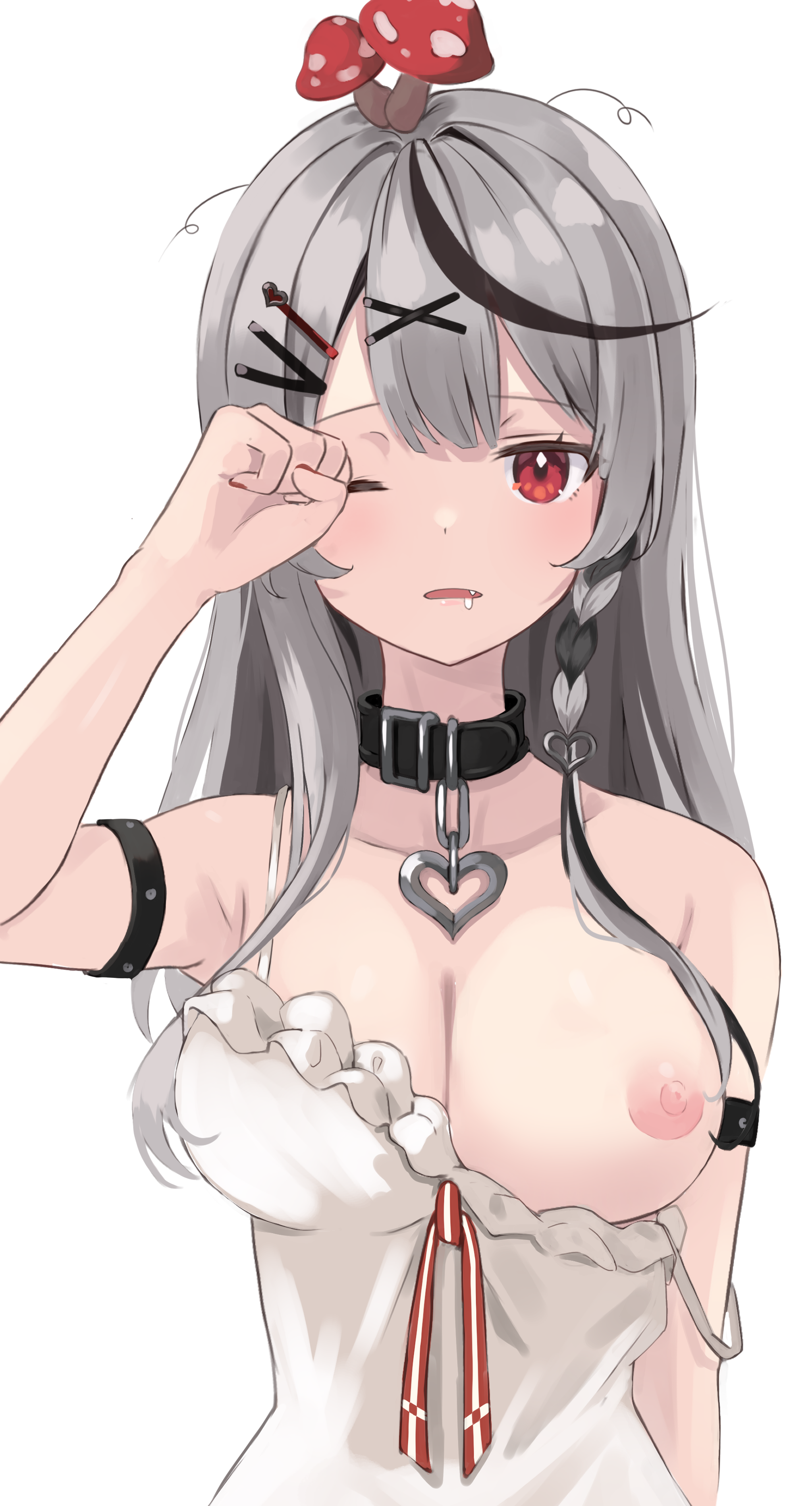 tonton utaro, sakamata chloe, sakamata chloe (1st costume), hololive, absurdres, commentary request, highres, 1girl, armband, armpits, bare shoulders, black armband, black choker, black hair, braid, breasts, choker, cleavage, dot nose, frills, grey hair, hair between eyes, hair ornament, heart, heart choker, large breasts, light blush, long hair, looking at viewer, multicolored hair, mushroom on head, nipples, one eye closed, open mouth, red eyes, red ribbon, ribbon, saliva, simple background, sleepy, virtual youtuber, x hair ornament