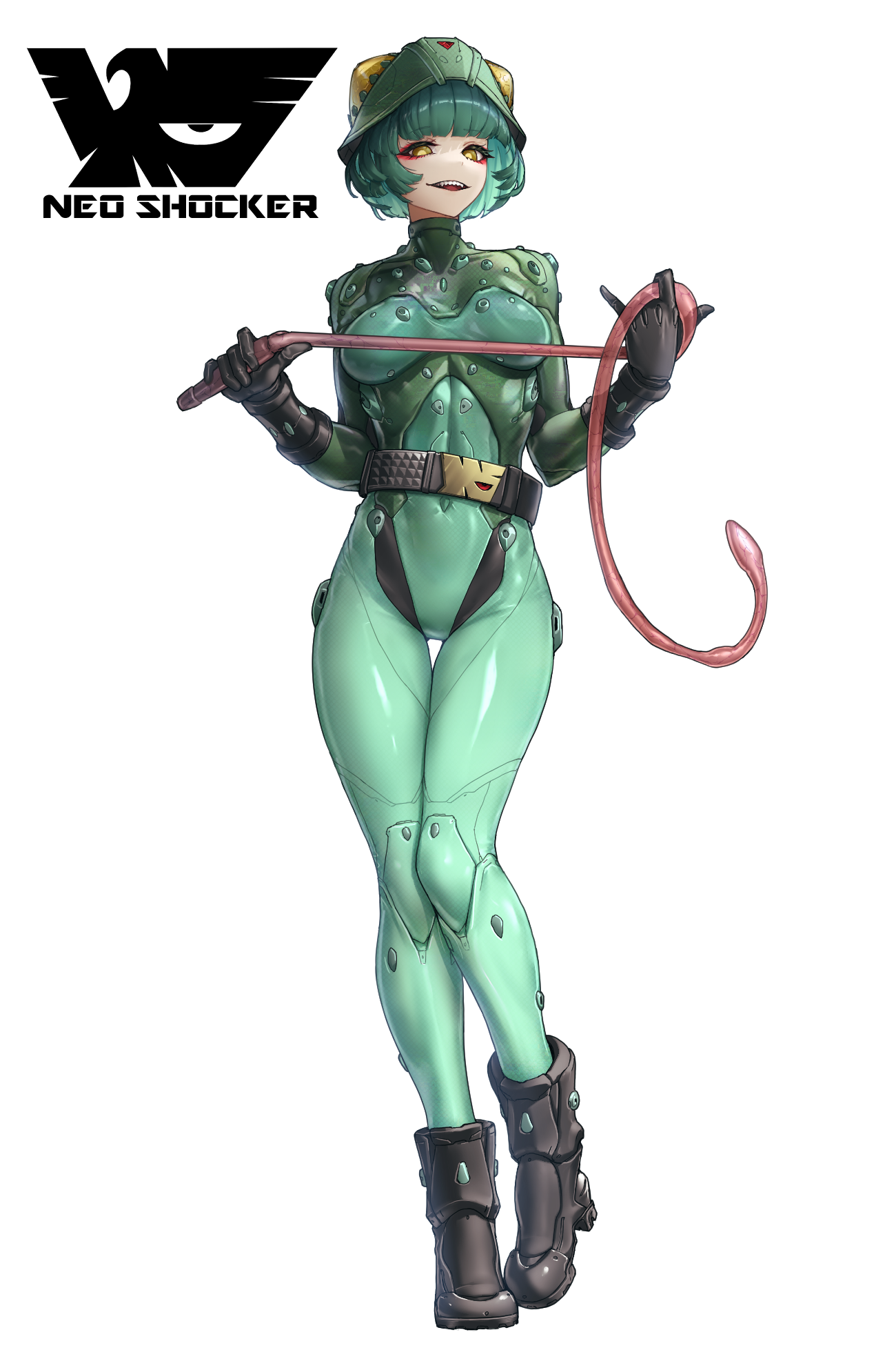eidenjyou1997, kamen rider, neo kamen rider, commentary request, highres, 1girl, belt, black belt, black boots, black gloves, bodysuit, boots, breasts, chameleon girl, emblem, eyeliner, full body, gameleojin, genderswap, genderswap (mtf), gloves, green bodysuit, green hair, green helmet, helmet, holding, holding whip, looking at viewer, makeup, monster girl, open mouth, sharp teeth, shocker (kamen rider), short hair, simple background, solo, standing, teeth, upper teeth only, whip, white background, yellow eyes