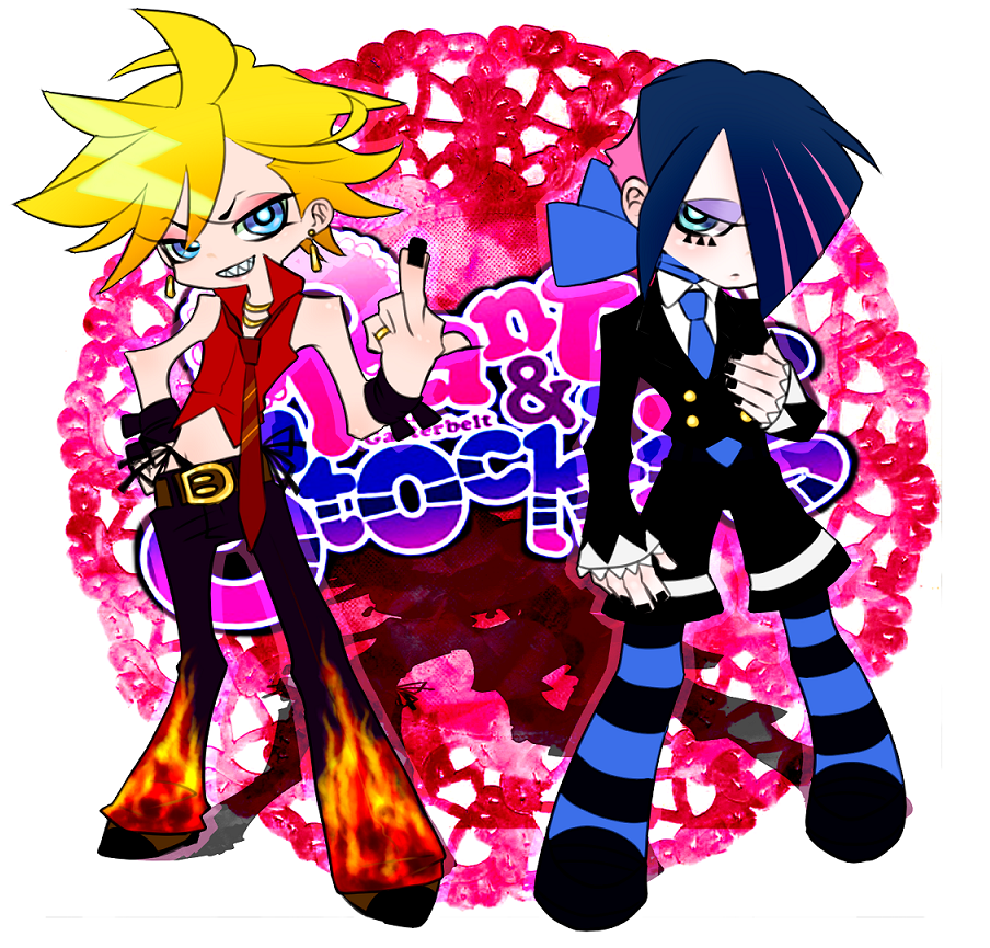 wallser (among the haze), panty (psg), stocking (psg), panty & stocking with garterbelt, commentary request, 2boys, ahoge, aqua eyes, asymmetrical bangs, bare shoulders, belt, black jacket, black nails, black pants, black pantyhose, black shoes, black shorts, blonde hair, blue eyes, blue hair, blue neckerchief, blue necktie, blue pantyhose, bracelet, brothers, brown belt, brown shoes, closed mouth, collared shirt, contrapposto, copyright logo, denim, dot mouth, earrings, expressionless, eyelashes, eyeshadow, flame print, genderswap, genderswap (ftm), gold, gold buttons, gold earrings, gold necklace, gold ring, gyaruo, half-closed eyes, hand on own chest, hand on own hip, inverted eyelashes, jacket, jeans, jewelry, lace background, logo, looking at another, looking at viewer, loose necktie, lower eyelashes only, makeup, male focus, messy hair, middle finger, midriff, multicolored hair, multiple boys, multiple bracelets, multiple necklaces, nail polish, neckerchief, necklace, necktie, official style, ouji fashion, pants, pantyhose, parted bangs, pigeon-toed, pink lips, popped collar, purple eyeshadow, red eyeshadow, red necktie, red shirt, ring, sharp teeth, shirt, shoes, short hair, shorts, siblings, smile, smug, striped clothes, striped pantyhose, striped shorts, swept bangs, teeth, two-tone hair, white shirt, white trim