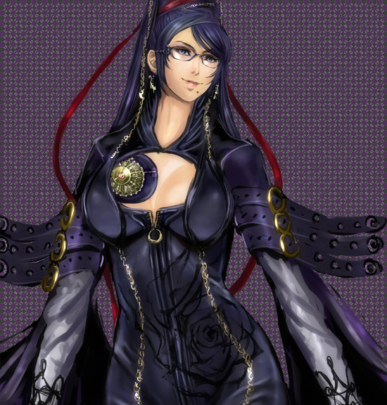taro (artist), tarowo, bayonetta, bayonetta (series), bayonetta 1, bad id, bad pixiv id, 1girl, amulet, black hair, blue eyes, bodysuit, breasts, chain, cleavage, cleavage cutout, clothing cutout, earrings, female focus, glasses, hair bun, hair ribbon, jewelry, large breasts, long hair, mole, mole under mouth, red ribbon, ribbon, single hair bun, solo, very long hair