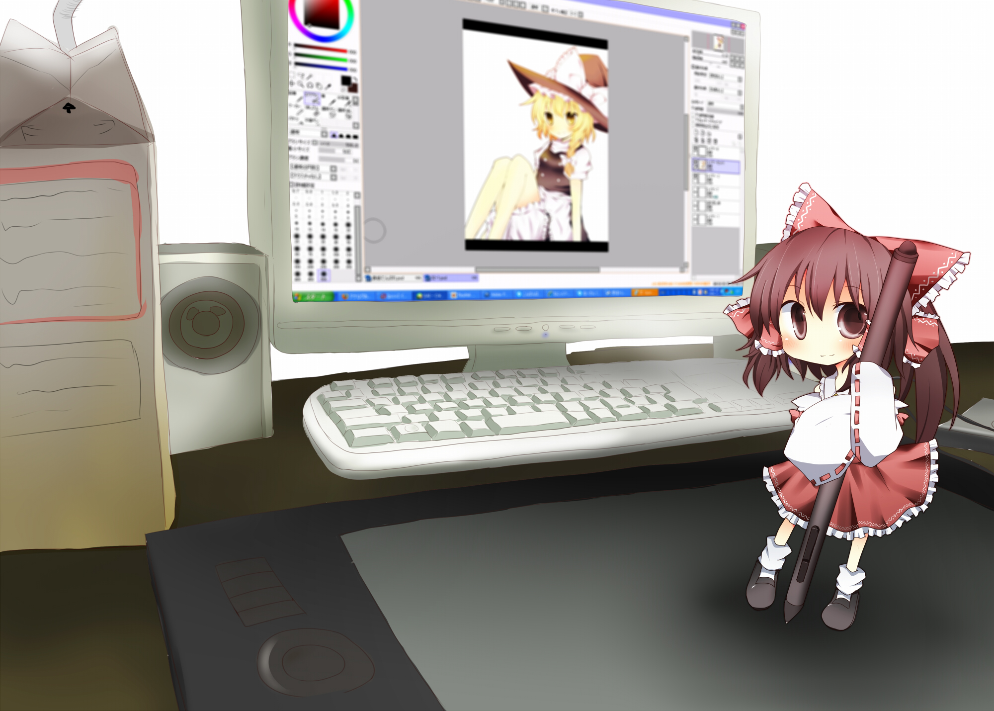 pasutel, hakurei reimu, kirisame marisa, painttool sai, touhou, bad id, bad pixiv id, highres, 2girls, blonde hair, bow, braid, brown hair, chibi, detached sleeves, drawing tablet, female focus, hat, japanese clothes, miko, mini person, minigirl, multiple girls, short hair, witch, witch hat, yellow eyes