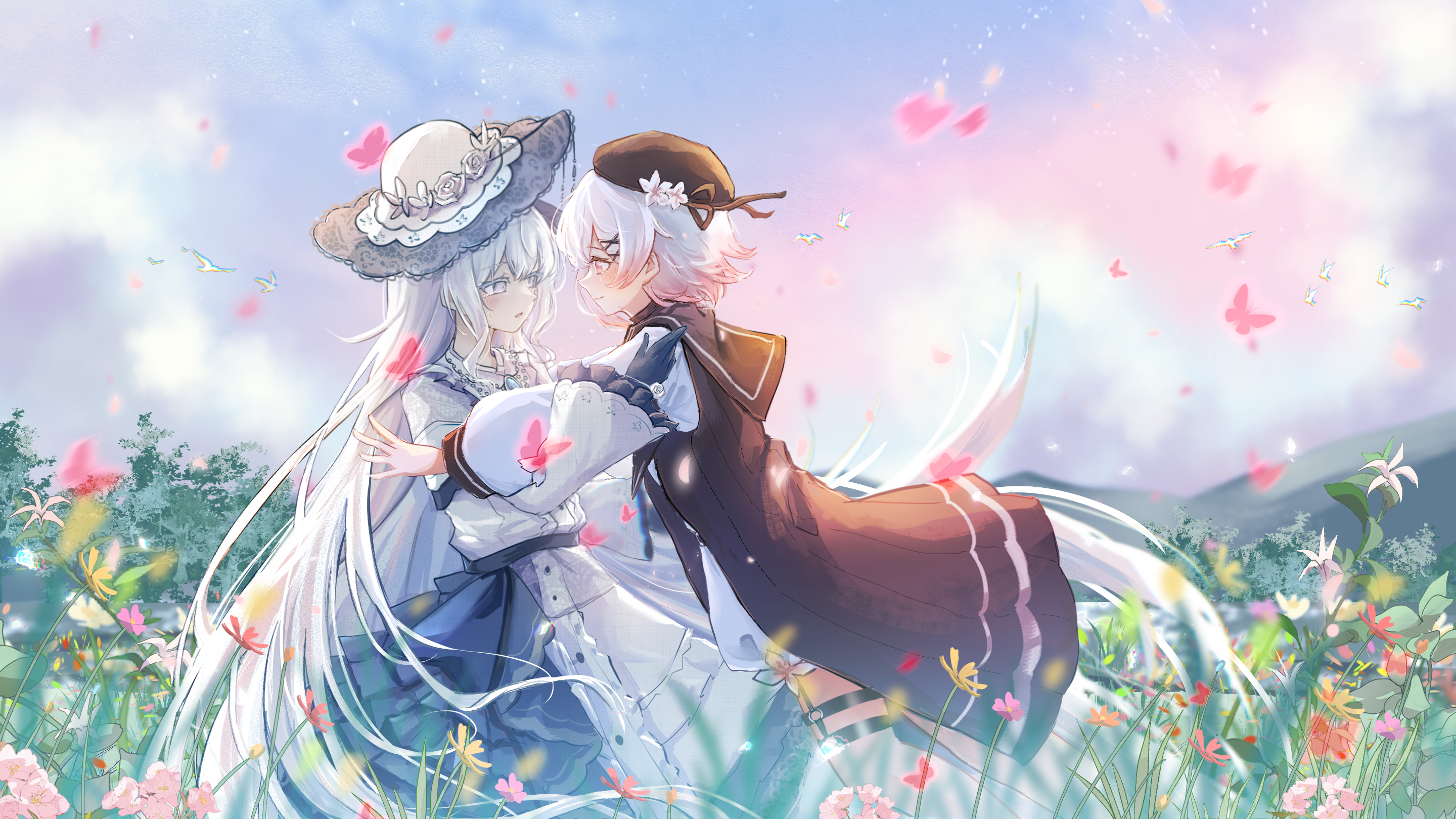 sakuraba ema, tsukishiro yuki, mahou shoujo no majo saiban, artist request, chinese commentary, commentary request, commission, highres, second-party source, spoilers, 2girls, beret, black dress, black hat, bug, butterfly, dress, feet out of frame, field, flower, grass, hair flower, hair ornament, hat, imminent hug, insect, long hair, long sleeves, looking at another, multicolored hair, multiple girls, o-ring, o-ring thigh strap, open mouth, outdoors, pink eyes, red butterfly, short hair, sky, smile, standing, thigh strap, white hair, x hair ornament