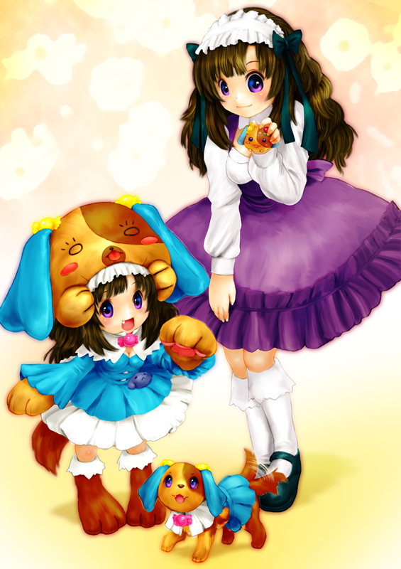 tashiro yuu, mikogami nagisa, anyamal tantei kirumin zoo, animal ears, animal hands, animal hat, brown hair, dog, dog ears, hat, multiple persona, open mouth, purple eyes, tail
