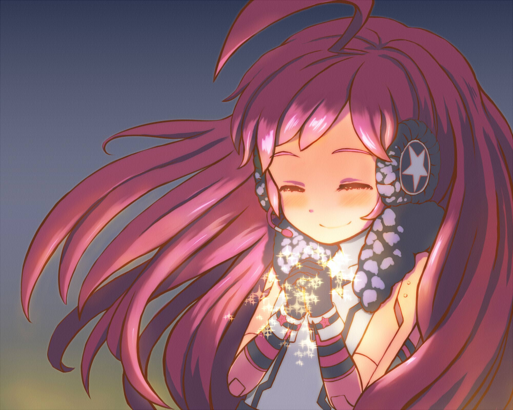 unyagi, sf-a2 miki, vocaloid, bad id, bad pixiv id, ahoge, blush, closed eyes, dress, gloves, glowing, headphones, headset, red eyes, red hair, smile, solo, sparkle, star (symbol), striped clothes, striped gloves, wrist cuffs