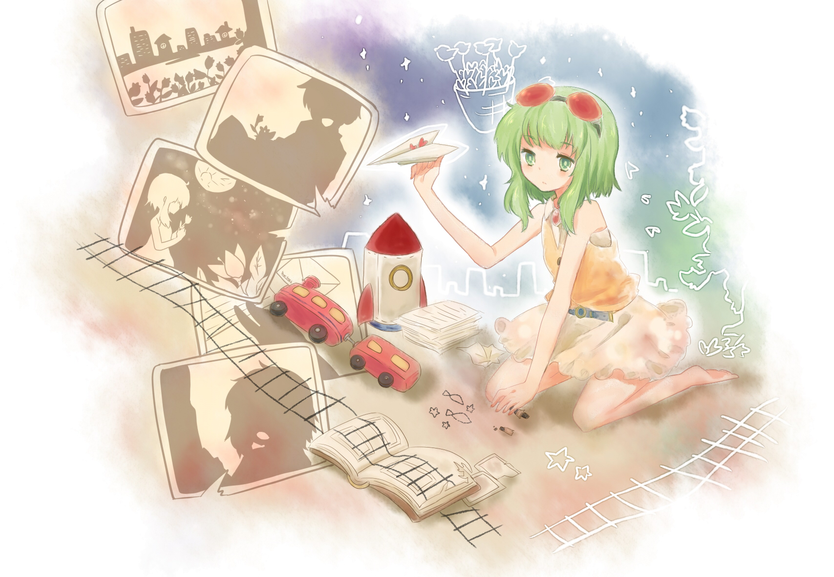 kodamari, gumi, campanella (vocaloid), vocaloid, bad id, bad pixiv id, highres, 1girl, barefoot, belt, female focus, fish, flat chest, goggles, goggles on head, green eyes, green hair, heart, holding, holding paper airplane, matching hair/eyes, paper airplane, rocket ship, short hair, skirt, solo, spacecraft