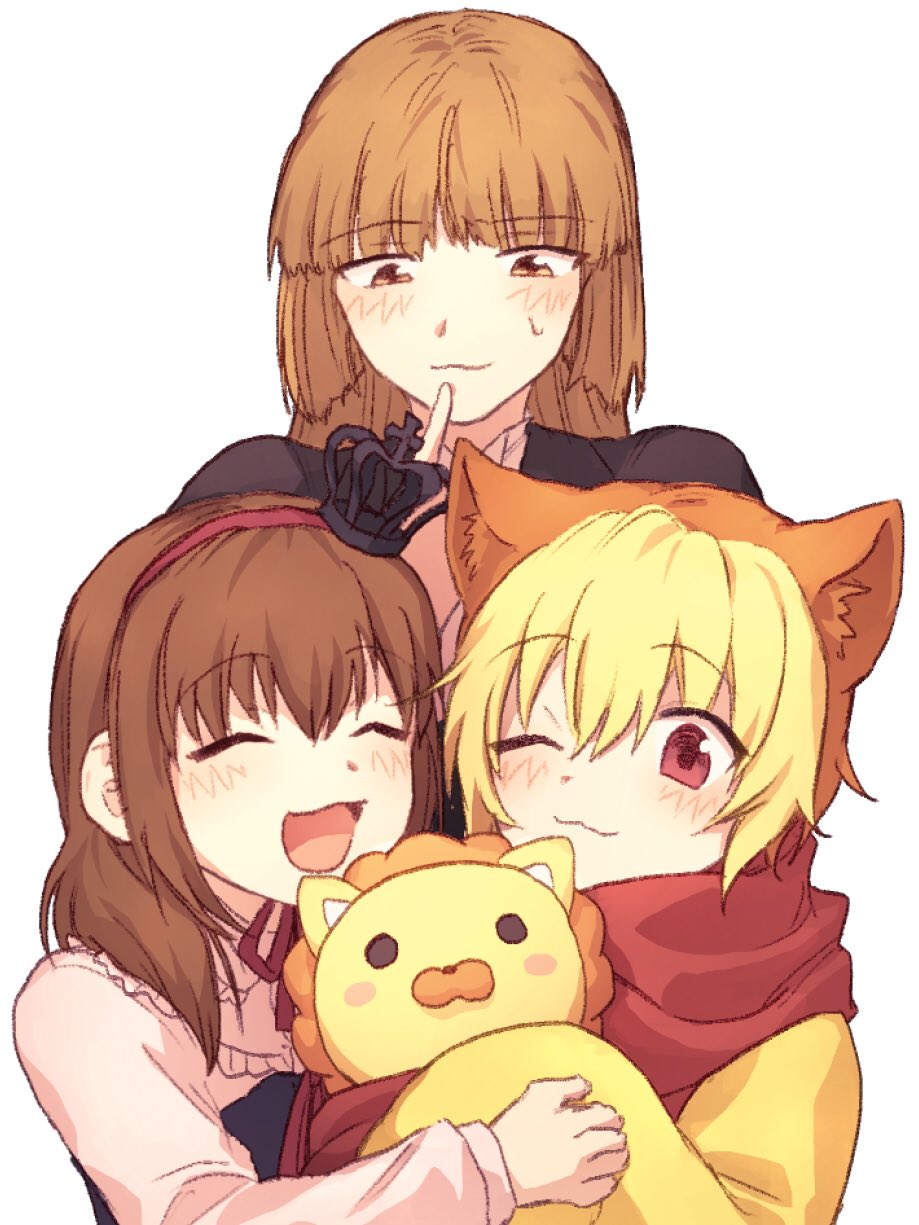 hswoimuxk0pwr0h (bbdan), sakutarou (umineko), ushiromiya maria, ushiromiya rosa, umineko no naku koro ni, highres, 1boy, 2girls, :3, :d, ^ ^, blonde hair, brown eyes, brown hair, closed eyes, crown, hairband, long hair, mother and daughter, multiple girls, one eye closed, open mouth, red eyes, red hairband, simple background, smile, sweatdrop, white background