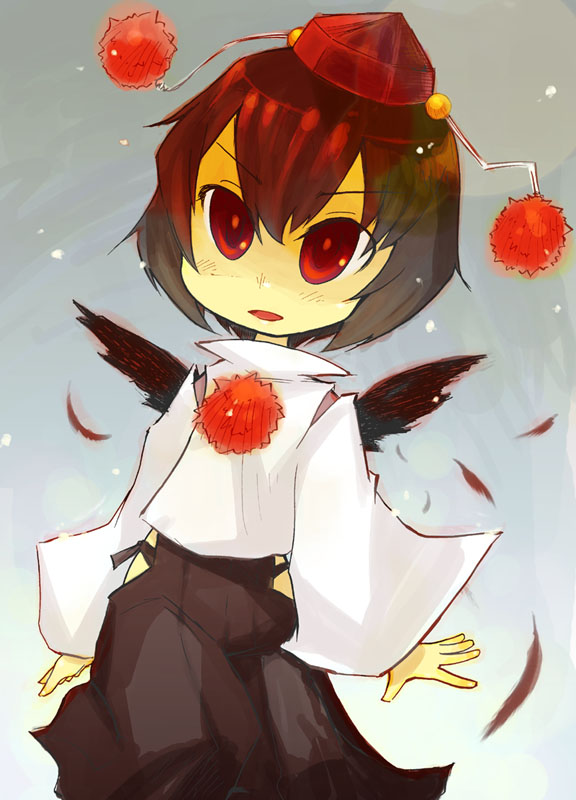 raina, shameimaru aya, touhou, 1girl, chibi, female focus, grey background, hat, red eyes, short hair, solo, standing, tokin hat, wings