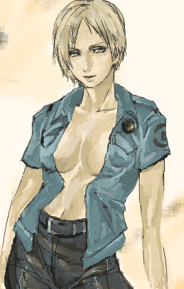 taro (artist), cybil bennett, silent hill, silent hill (series), lowres, 1girl, belt, blonde hair, blouse, blue eyes, breasts, female focus, gradient background, open clothes, open shirt, pants, police, police uniform, shirt, short hair, solo
