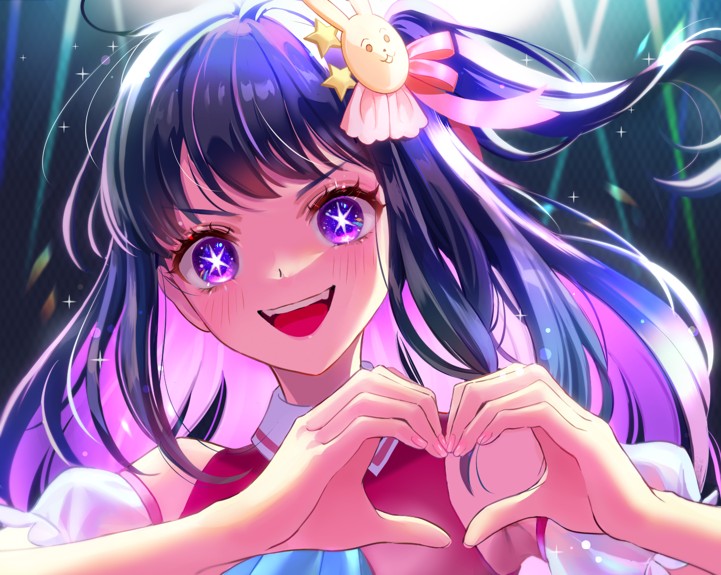 mitama (mokochiko), hoshino ai, oshi no ko, commentary request, 1girl, blurry, blurry background, blush, detached sleeves, eyelashes, hair ornament, heart, heart hands, long hair, looking at viewer, open mouth, purple eyes, purple hair, solo, sparkle, upper body
