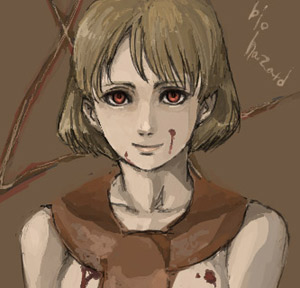 taro (artist), ashley graham, resident evil, resident evil 4, lowres, blonde hair, blood, red eyes, scarf, short hair, smile