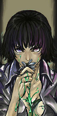 taro (artist), lady (devil may cry), capcom, devil may cry (series), devil may cry 3, messy, lowres, 00s, black hair, blue eyes, flower, heterochromia, red eyes, shirt, short hair