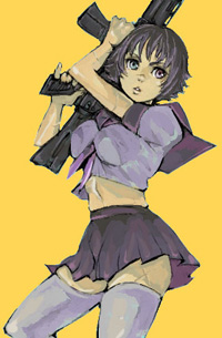 taro (artist), lady (devil may cry), capcom, devil may cry, devil may cry (series), devil may cry 3, lowres, 00s, black hair, blue eyes, gun, heterochromia, miniskirt, red eyes, school uniform, short hair, skirt, thighhighs, weapon