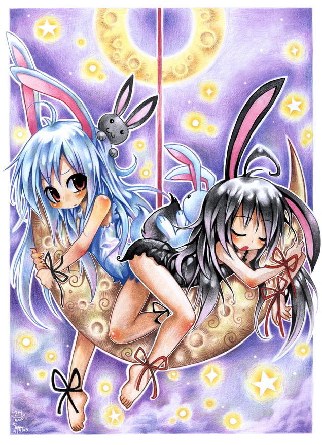 emperpep, bw, painting (medium), traditional media, watercolor (medium), :3, ahoge, animal ears, barefoot, black hair, blue hair, blush, brown eyes, feet, long hair, moon, open mouth, rabbit, rabbit ears, sleeping, star (symbol), toes