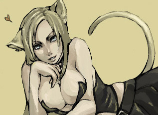 taro (artist), trish (devil may cry), capcom, devil may cry (series), lowres, 00s, 1girl, animal ears, blonde hair, blue eyes, breasts, cat ears, cat tail, cleavage, large breasts, long hair, lying, tail