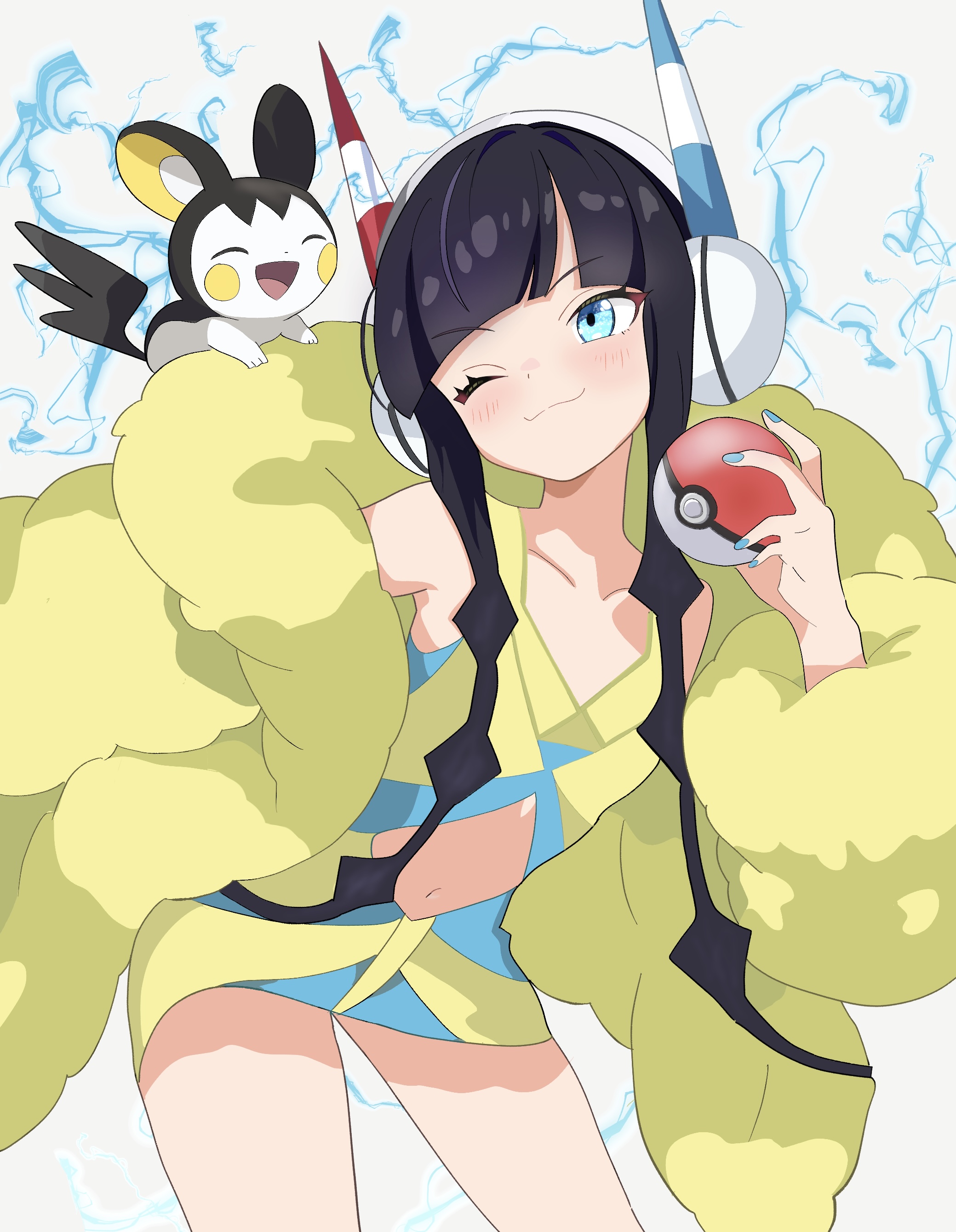 elesa (pokemon), emolga, nintendo, pokemon, pokemon bw2, absurdres, commentary request, highres, 1girl, ;), black hair, blue eyes, blue nails, chiseinalice, closed mouth, coat, collarbone, eyelashes, gen 5 pokemon, hand up, happy, headphones, holding, holding poke ball, leaning, nail polish, navel, one eye closed, open clothes, open coat, poke ball, poke ball (basic), pokemon (creature), short hair with long locks, smile, white background, yellow coat