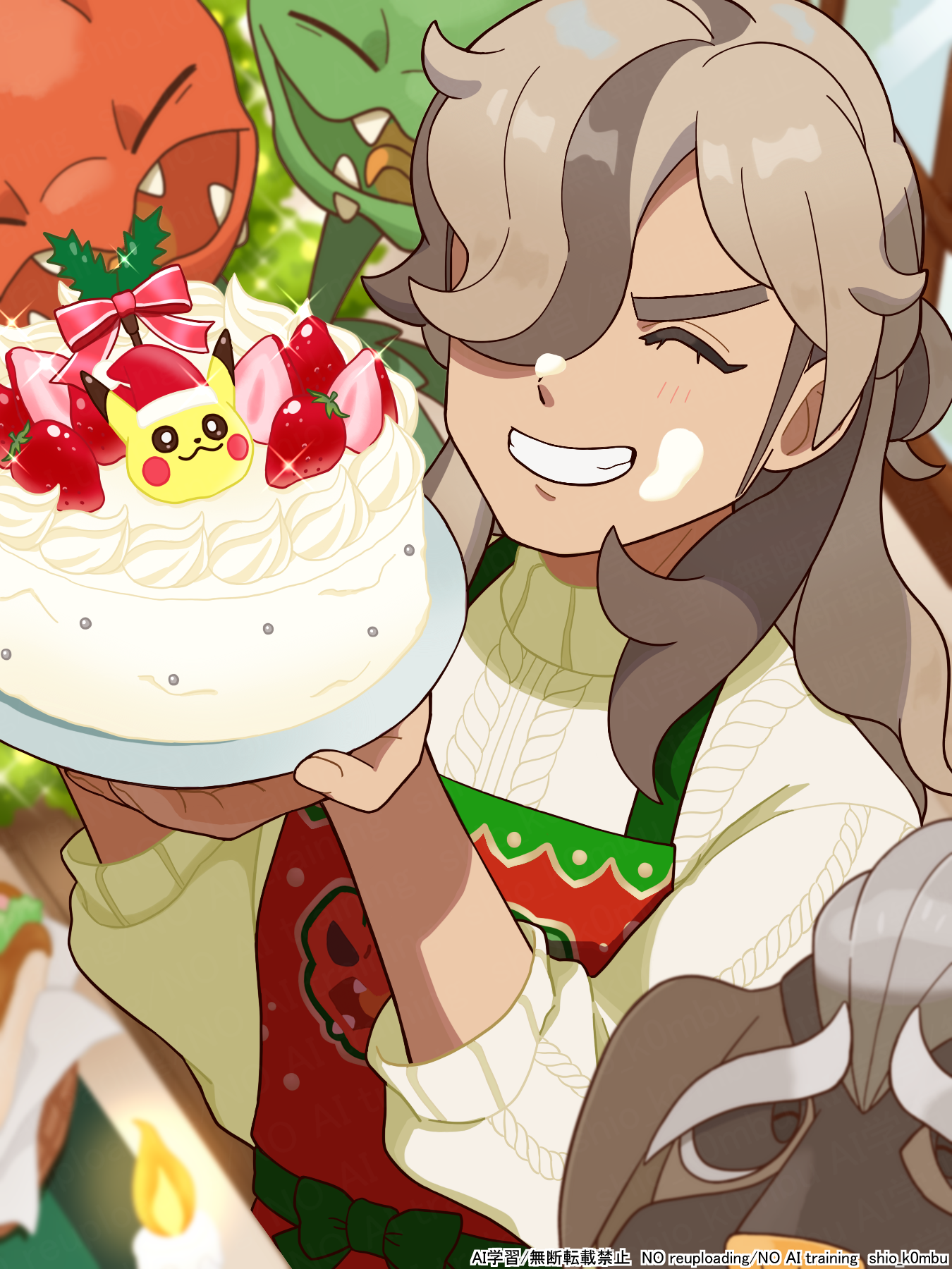 shiokonbu., arven (holiday 2025) (pokemon), arven (pokemon), mabosstiff, scovillain, nintendo, pokemon, pokemon masters ex, commentary request, highres, 1boy, apron, blurry, brown hair, cake, closed eyes, depth of field, eyelashes, fire, food, fruit, grin, hair over one eye, hands up, holding, long hair, male focus, official alternate costume, pokemon (creature), print apron, red apron, smile, sparkle, strawberry, sweater, teeth, white sweater