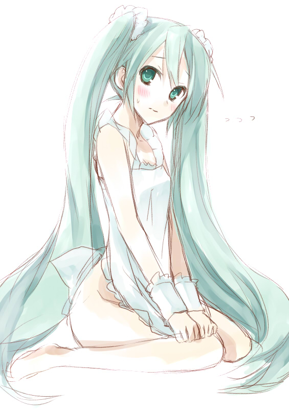 hijiki (hijikini), hijikini, hatsune miku, vocaloid, bad id, bad pixiv id, 1girl, apron, aqua eyes, aqua hair, barefoot, blush, female focus, flat chest, kneeling, long hair, naked apron, sketch, solo, twintails, very long hair