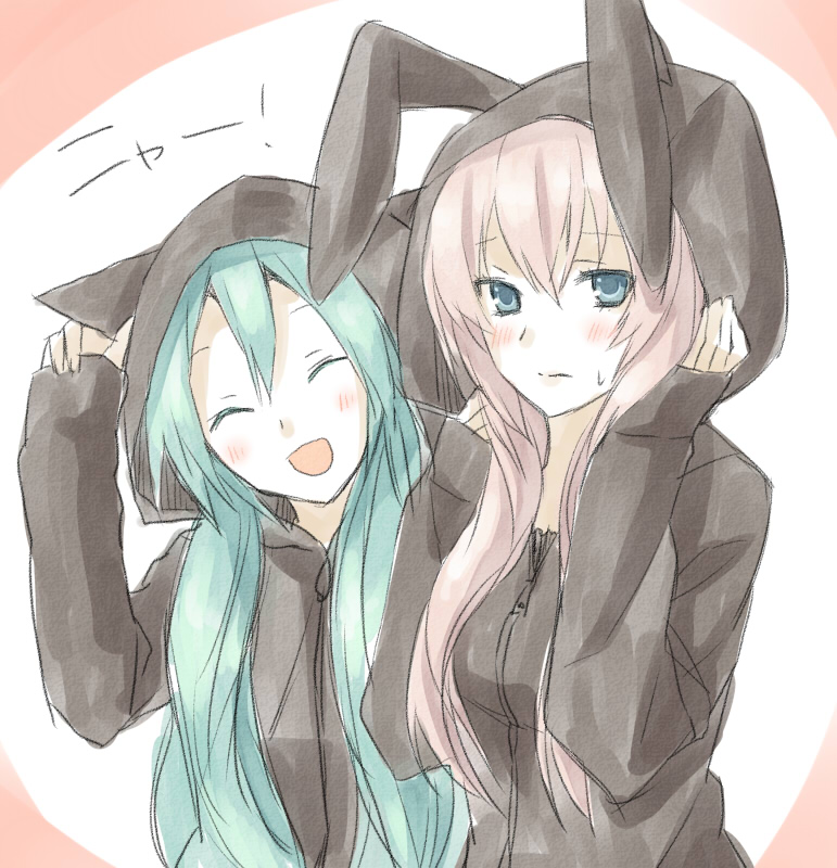 hijiki (hijikini), hijikini, hatsune miku, megurine luka, vocaloid, bad id, bad pixiv id, 2girls, animal ears, animal hood, aqua hair, blue eyes, blush, cat hood, cloak, closed eyes, hood, hoodie, long hair, multiple girls, pink hair, rabbit ears, rabbit hood
